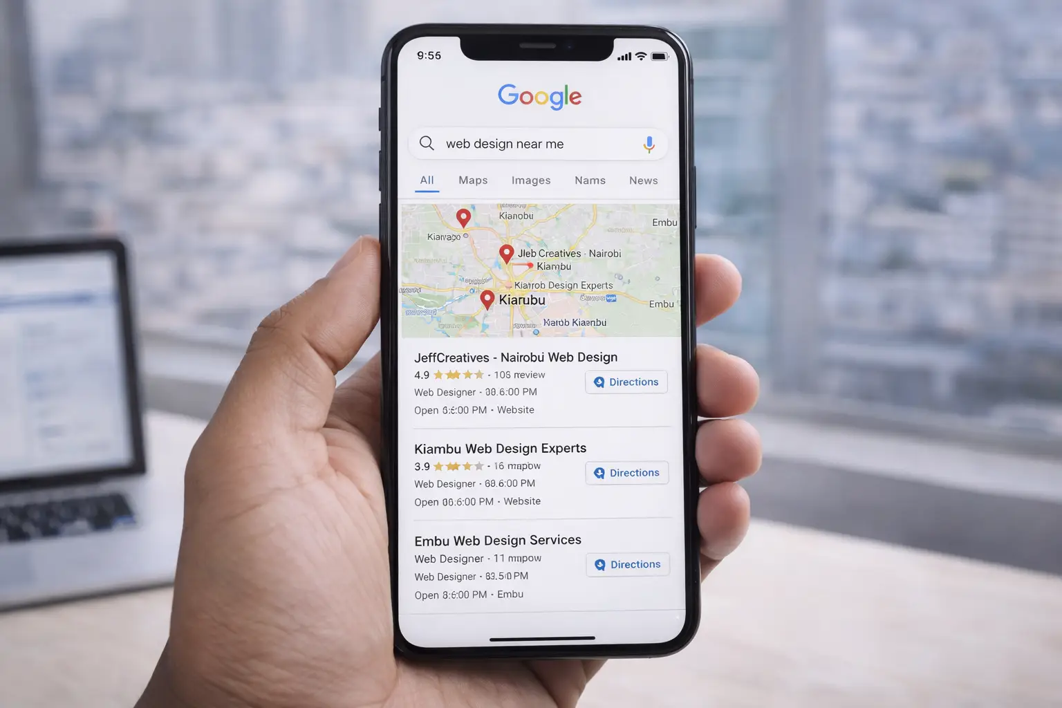Google Maps local pack showing three Kenyan businesses ranking at the top of search results for a Nairobi service query