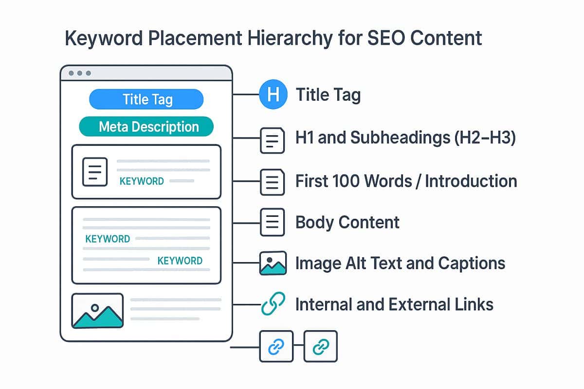 On page SEO in Kenya showing keyword placement across title tags headings and body content