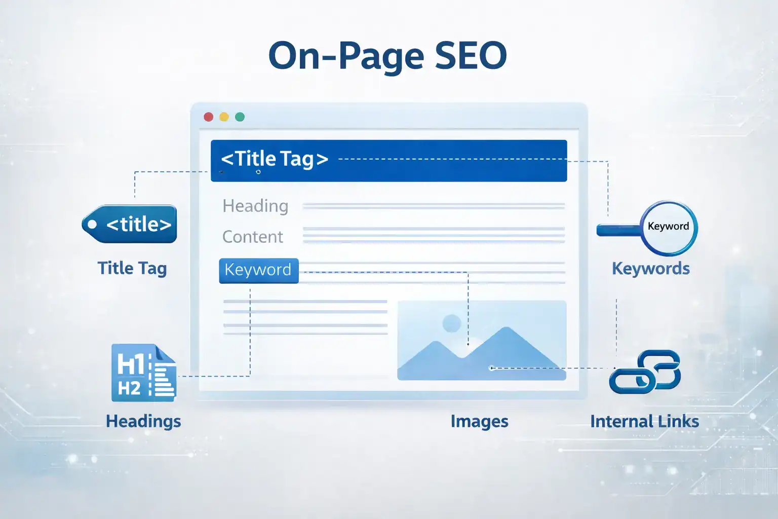On-page SEO for beginners in Kenya showing title tags headings keyword placement and image optimization