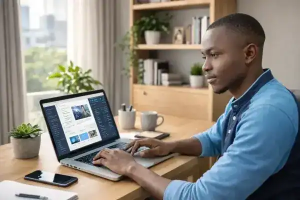 Kenyan entrepreneur working on a laptop starting an online business in Nairobi