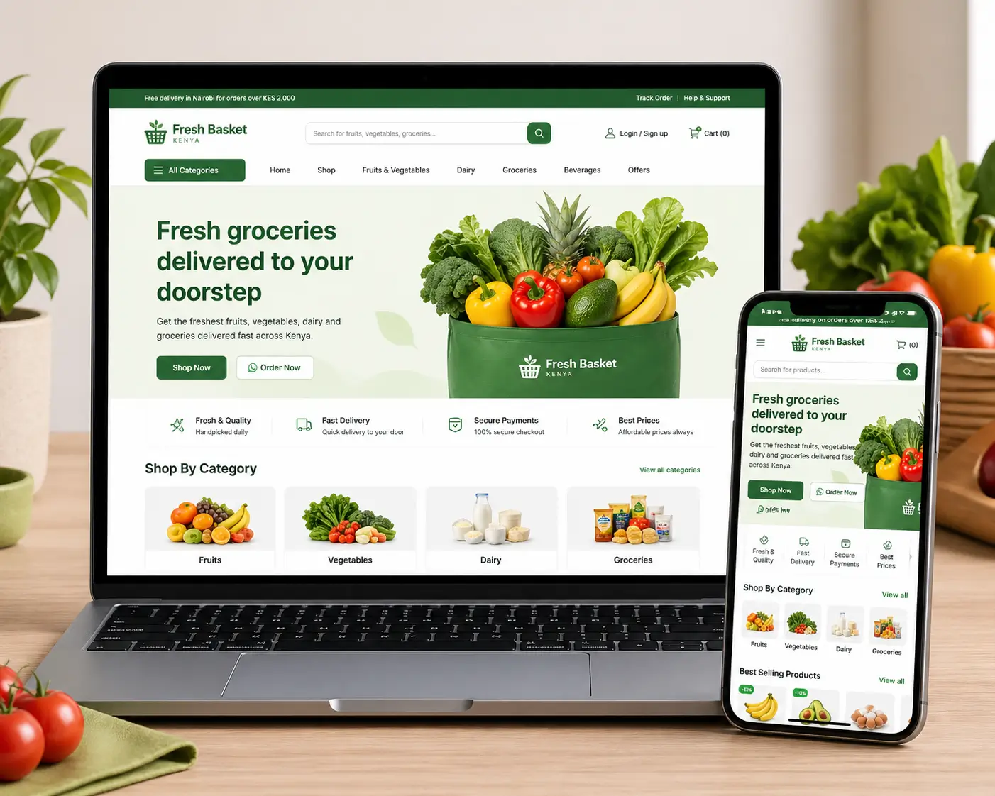 FreshBasket Kenya online grocery store website design – JM Digital Solutions