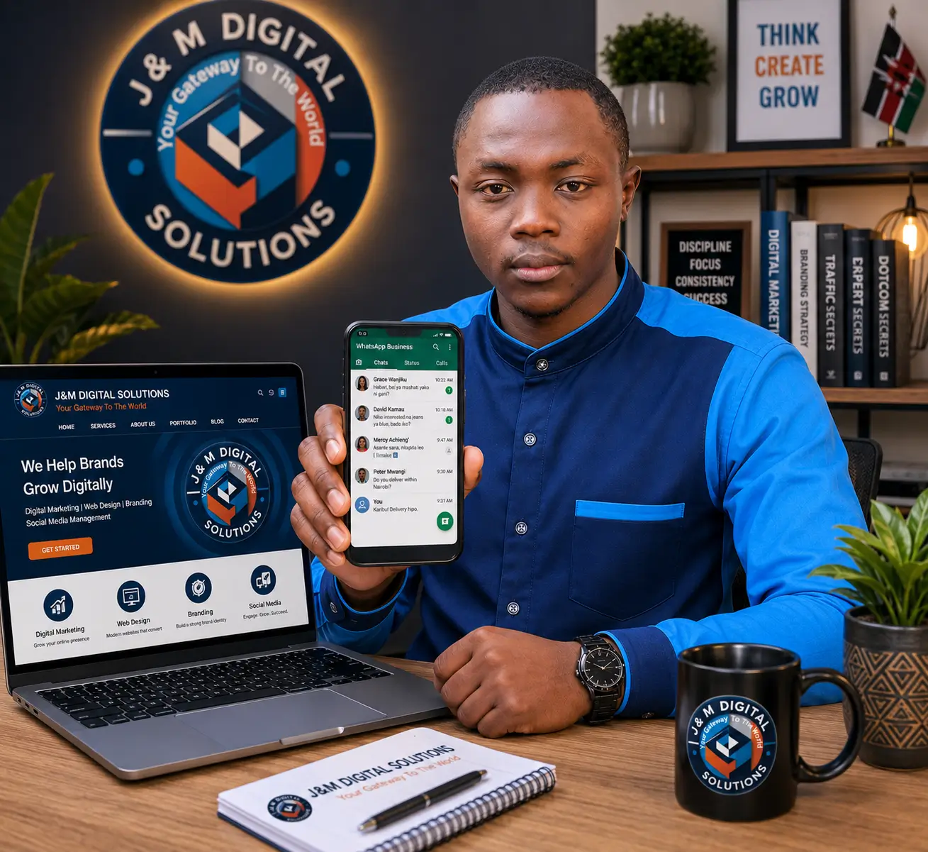 Kenyan business owner using WhatsApp Business on a smartphone to communicate with customers in Nairobi