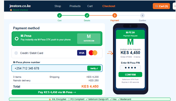 M-Pesa payment gateway integration on a Kenya e-commerce website showing STK push checkout built by J&M Digital Solutions