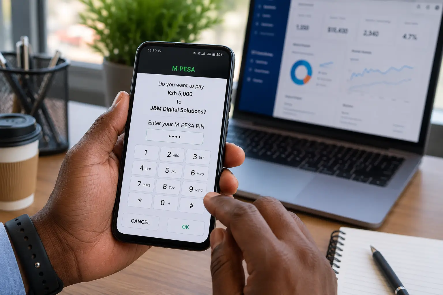 M-Pesa STK Push notification appearing on a Kenyan customer's phone during payment showing added m-pesa payment on a website