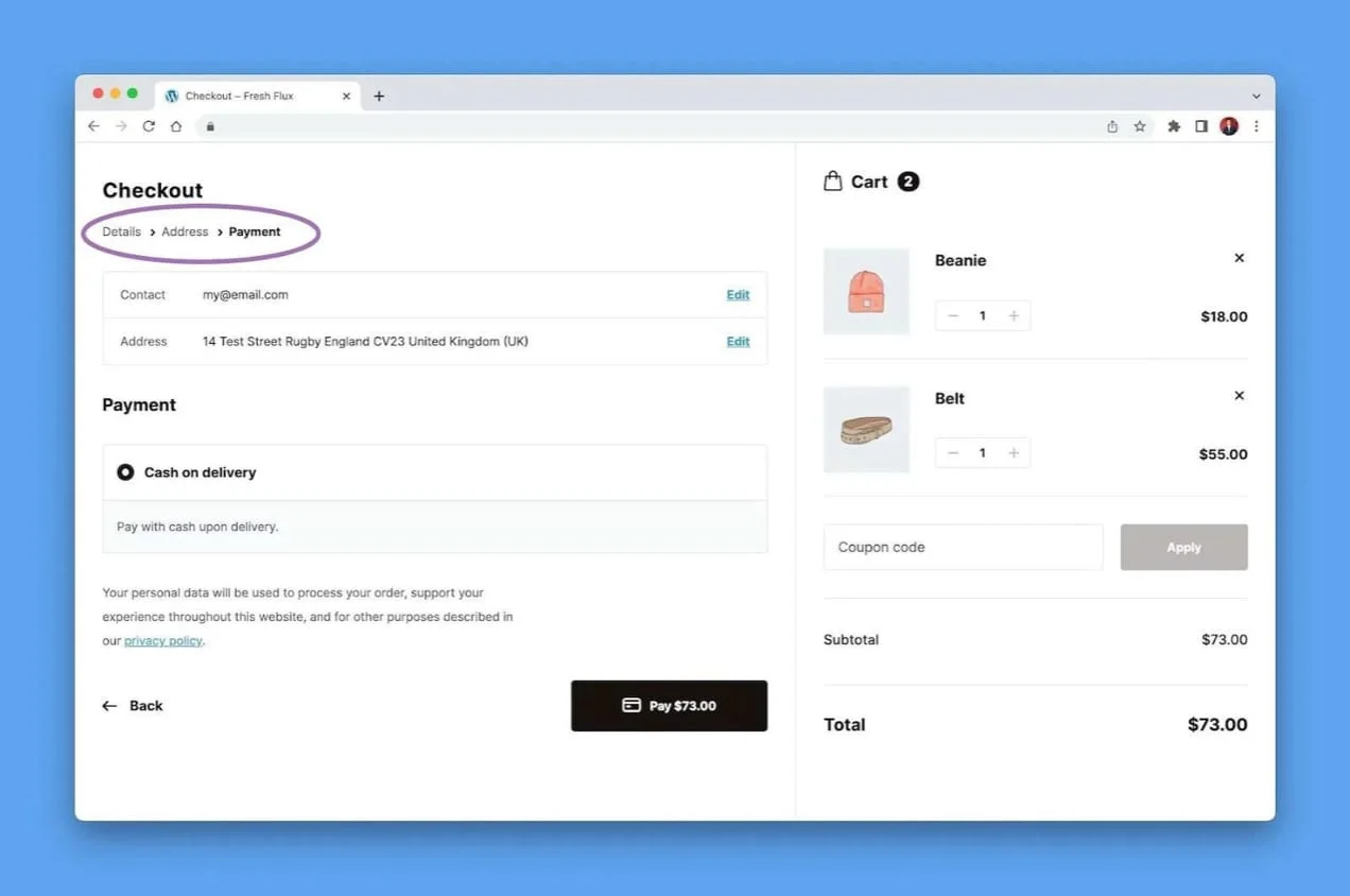 WooCommerce checkout page on a Kenyan WordPress website showing M-Pesa STK Push and card payment options