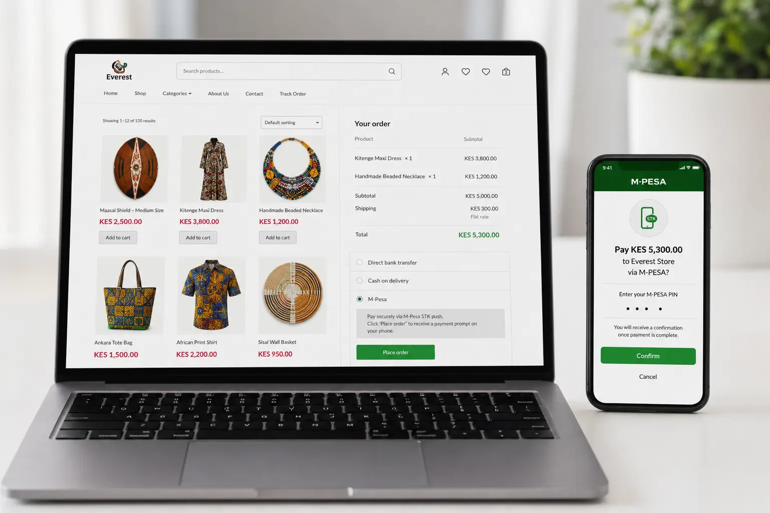 WooCommerce online store with M-Pesa payment integration for a Kenyan e-commerce business on a laptop screen