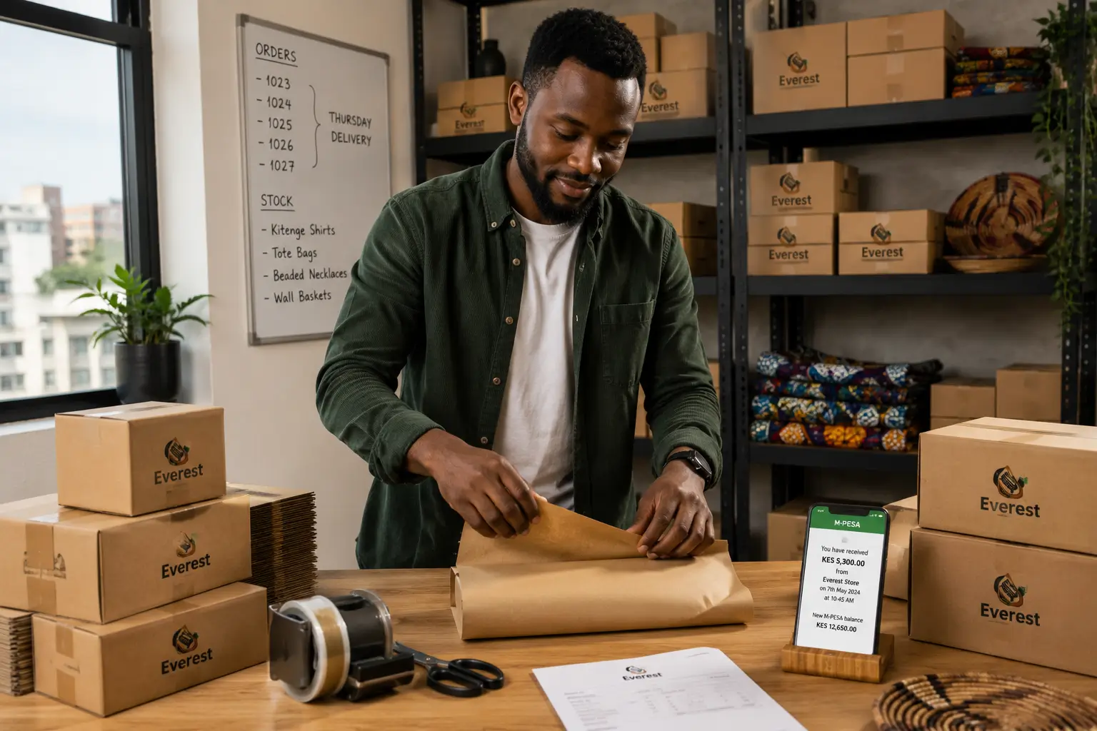 Kenyan online store owner packing products for delivery after receiving an M-Pesa payment from an e-commerce order