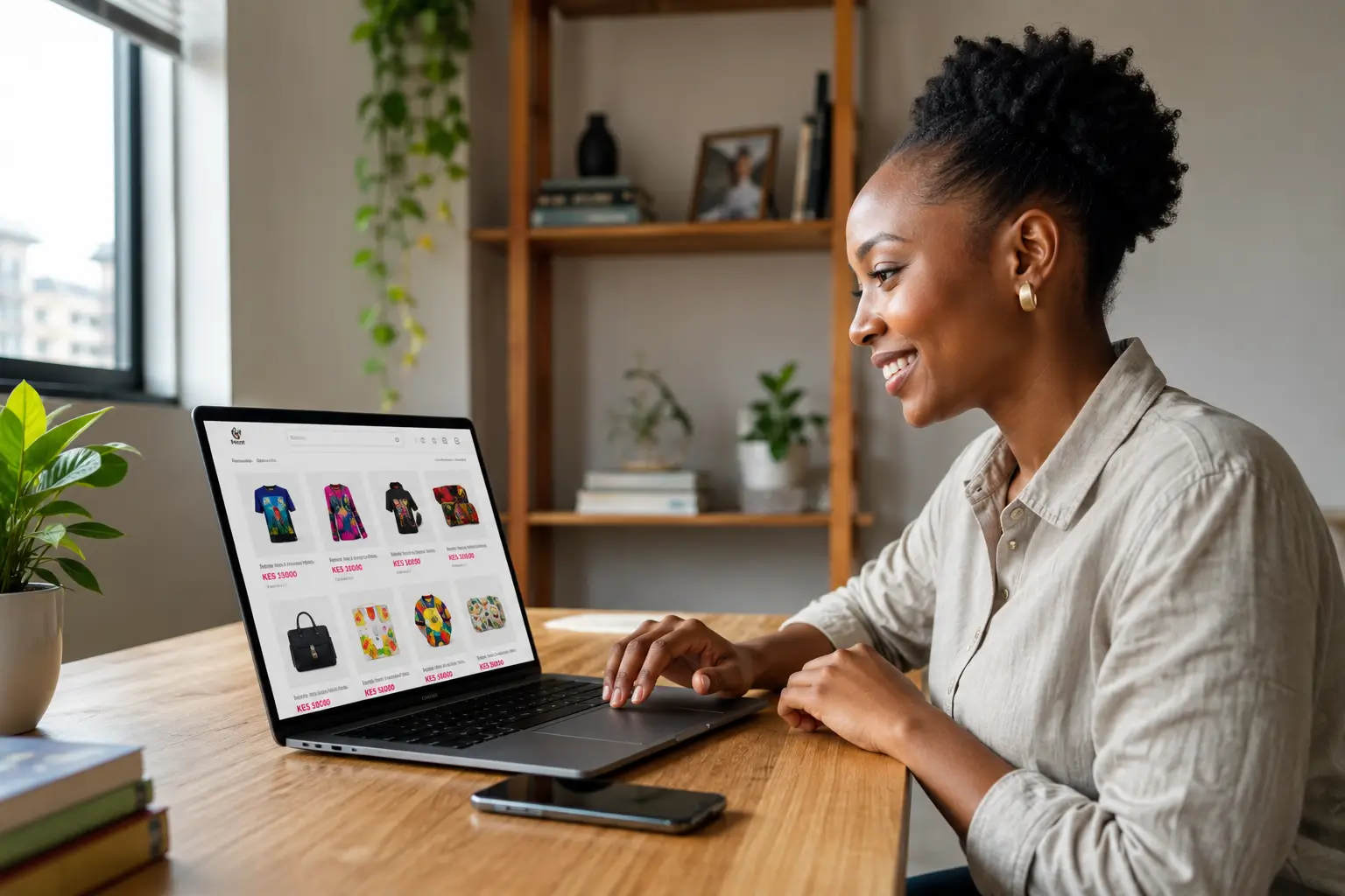 Kenyan business owner managing an e-commerce in kenya store on a laptop and smartphone to sell products online in Nairobi