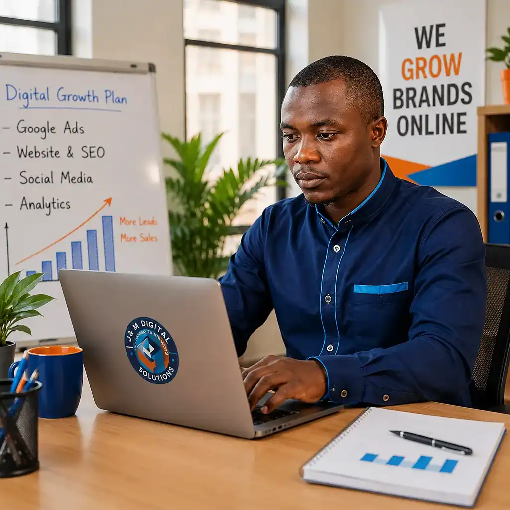 Kenyan business owner managing Facebook marketing in kenya on a laptop in Nairobi