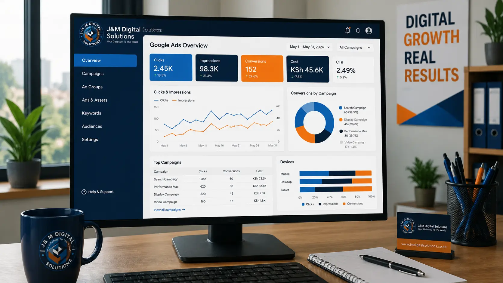 Marketing dashboard showing Google Ads campaign performance metrics for a Kenyan business