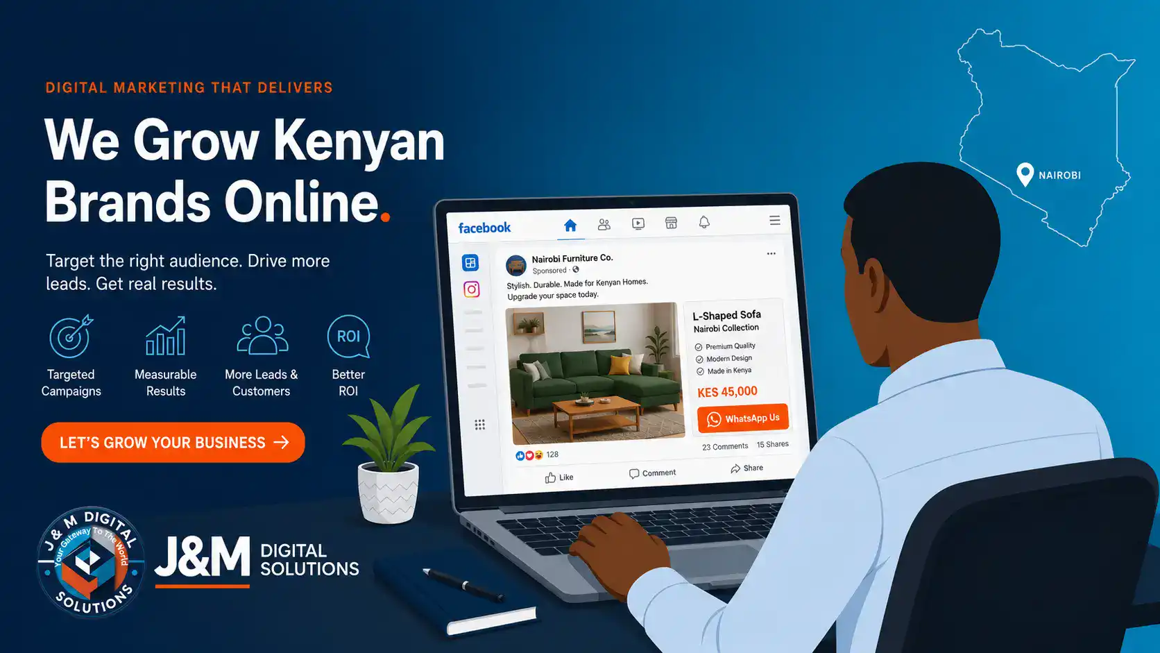 Meta Ads In Kenya Manager dashboard showing a Facebook and Instagram campaign targeting Kenyan audiences by county and interest
