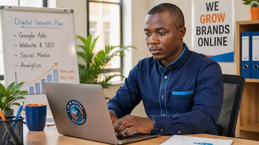 Kenyan business owner setting up a Google Ads campaign on a laptop in a Nairobi office