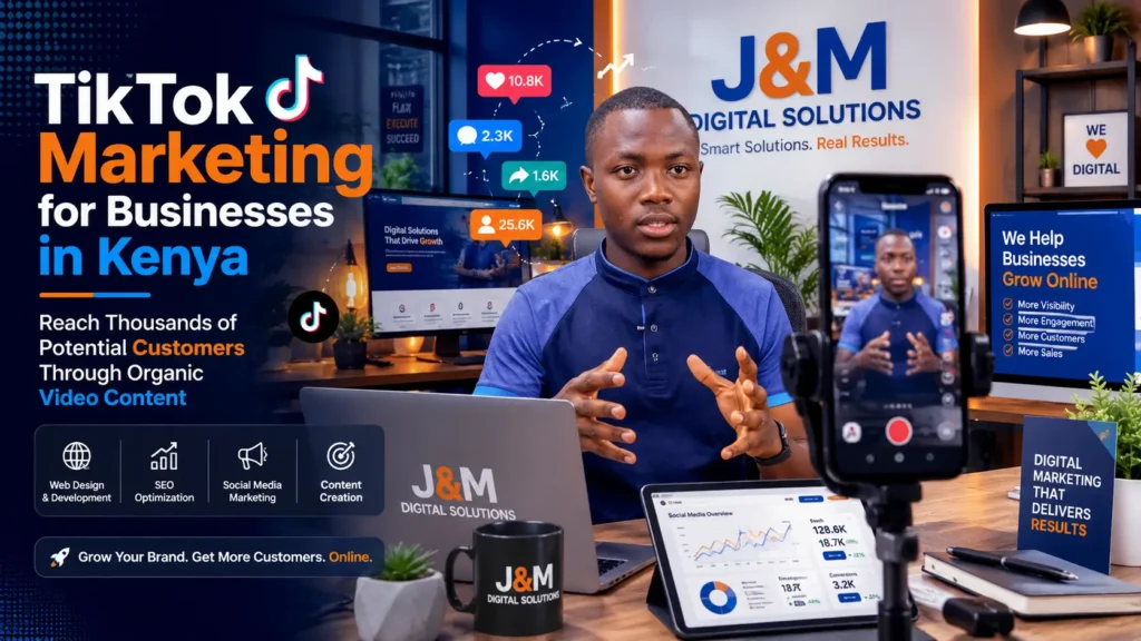 Kenyan business owner filming a TikTok video on a smartphone to promote their products in Nairobi
