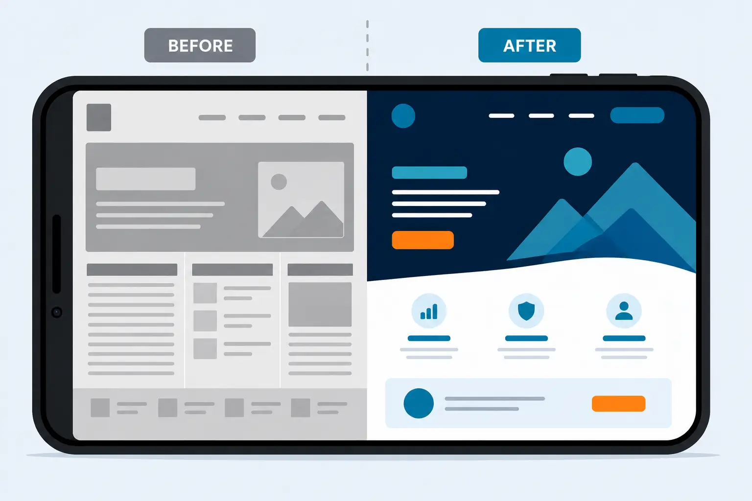 Before and after comparison of a Kenyan business website shown on a mobile phone after a redesign