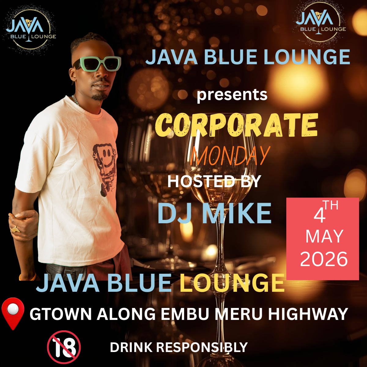 Corporate Monday event flyer design for Java Blue Lounge