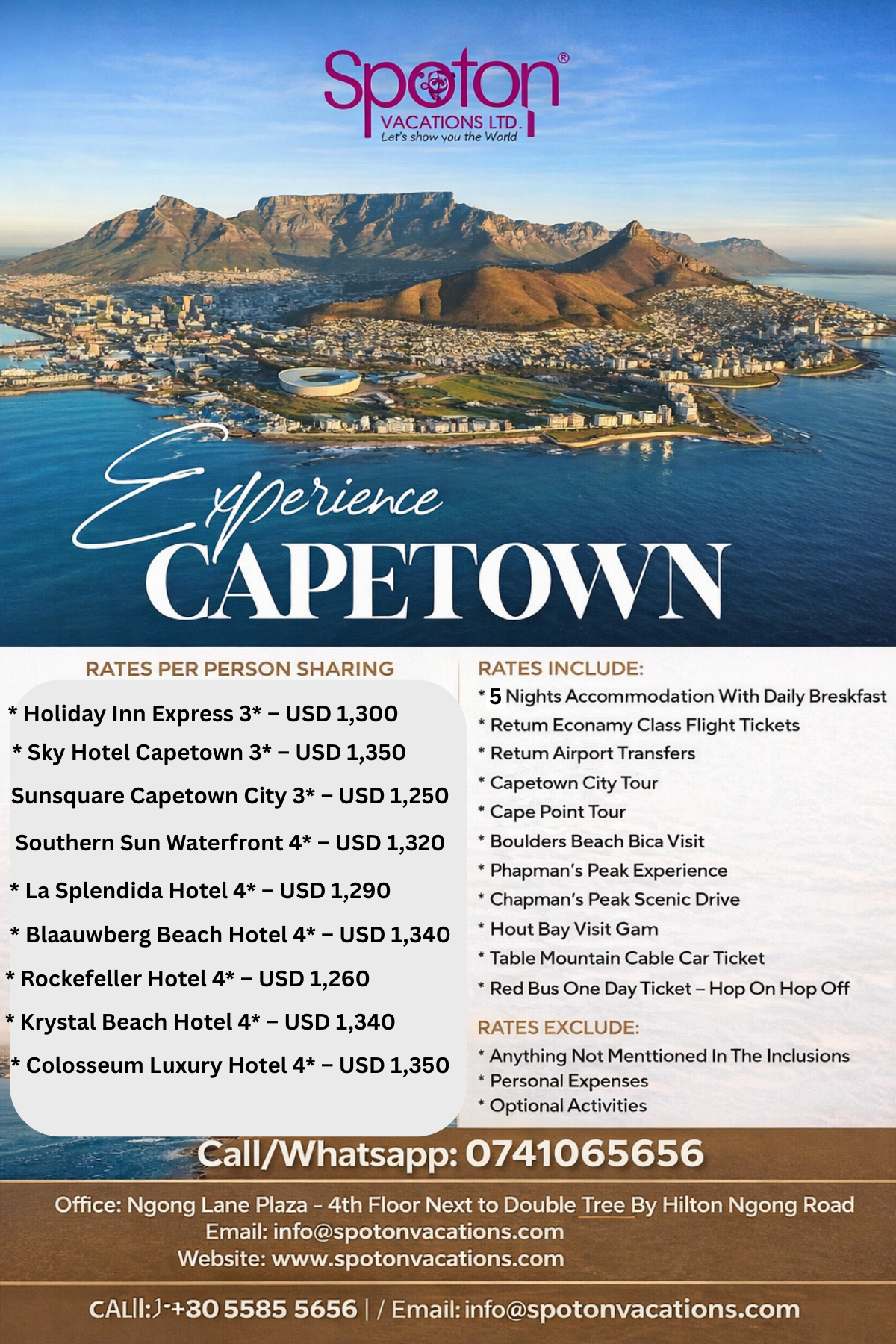 Cape Town travel package flyer with hotel rates designed for Spoton Vacations