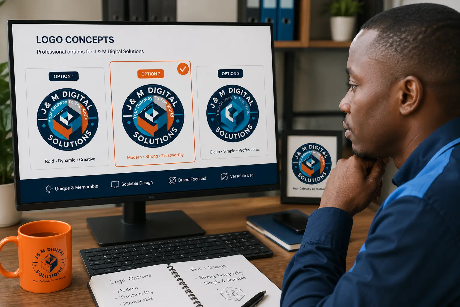 Kenyan small business owner reviewing affordable logo and brand identity design options on a laptop