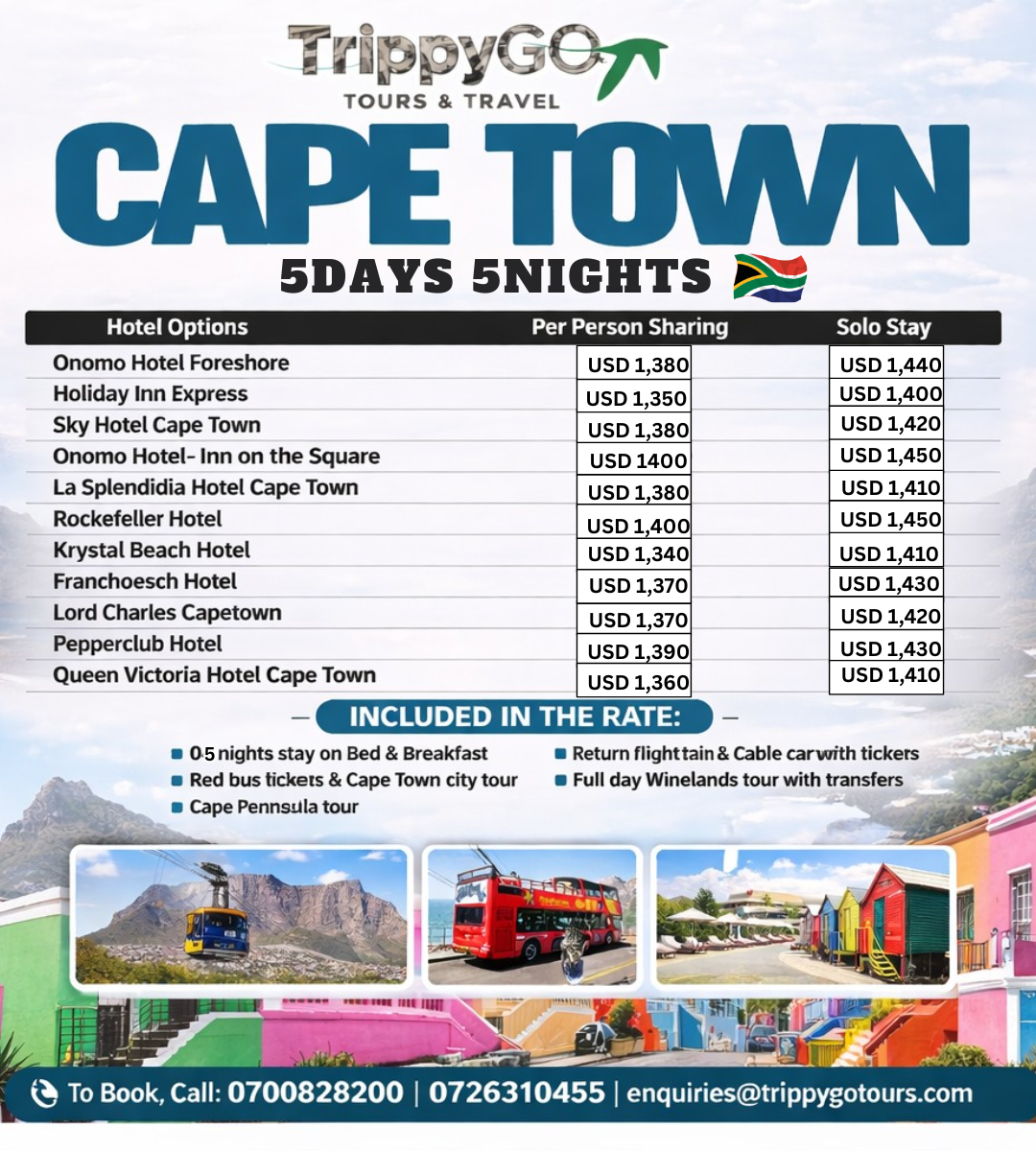 Cape Town 5 day tour package flyer with hotel comparison table designed for TrippyGo Tours