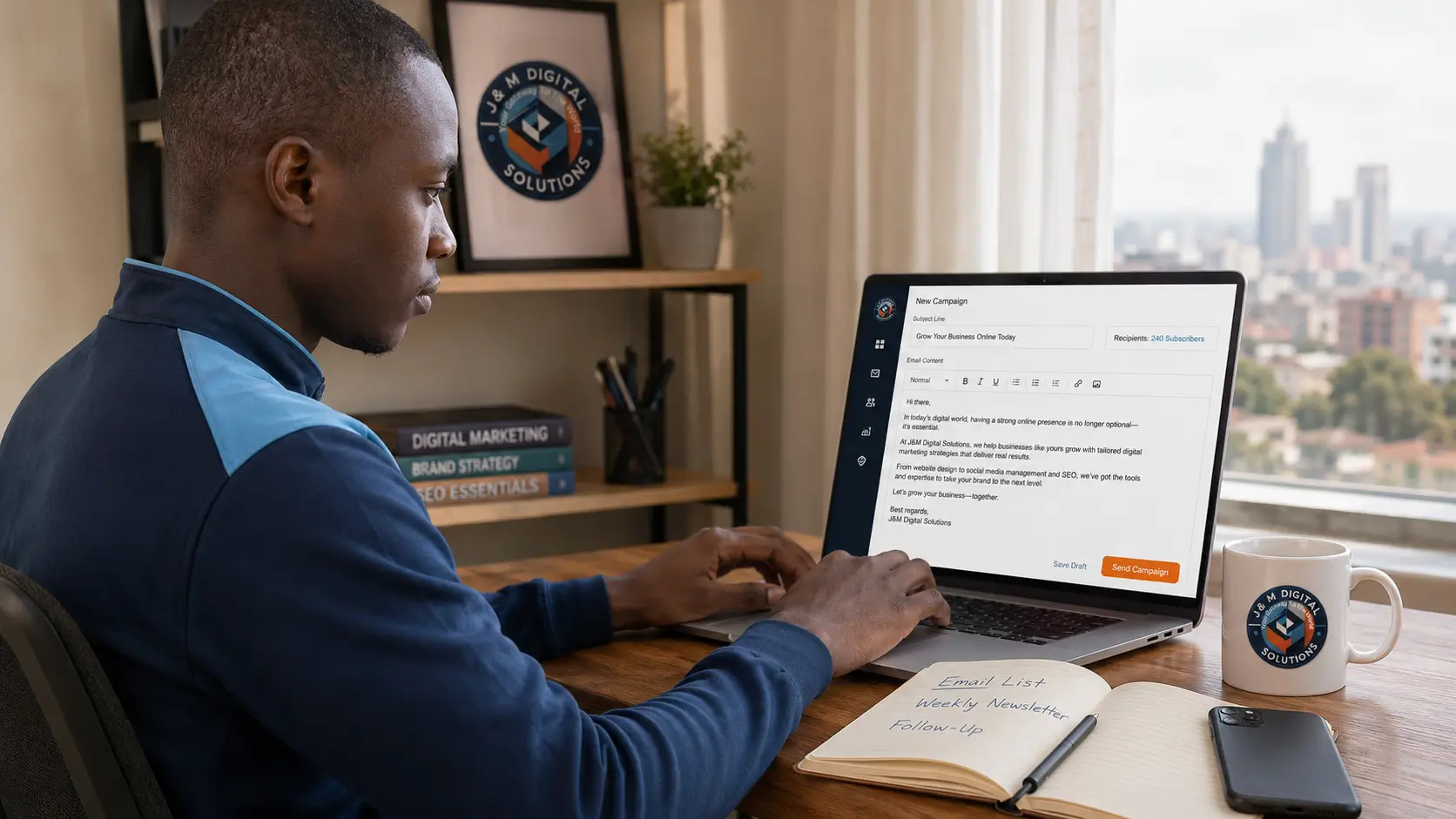 Kenyan small business owner composing an email marketing campaign on a laptop in Nairobi