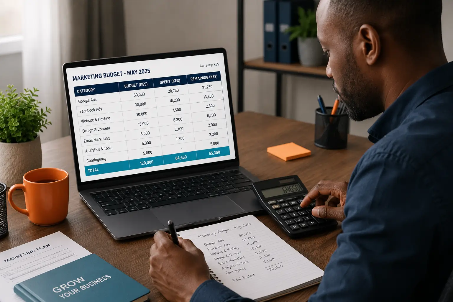Small business owner in Kenya reviewing a budget calculation for a Google Ads campaign