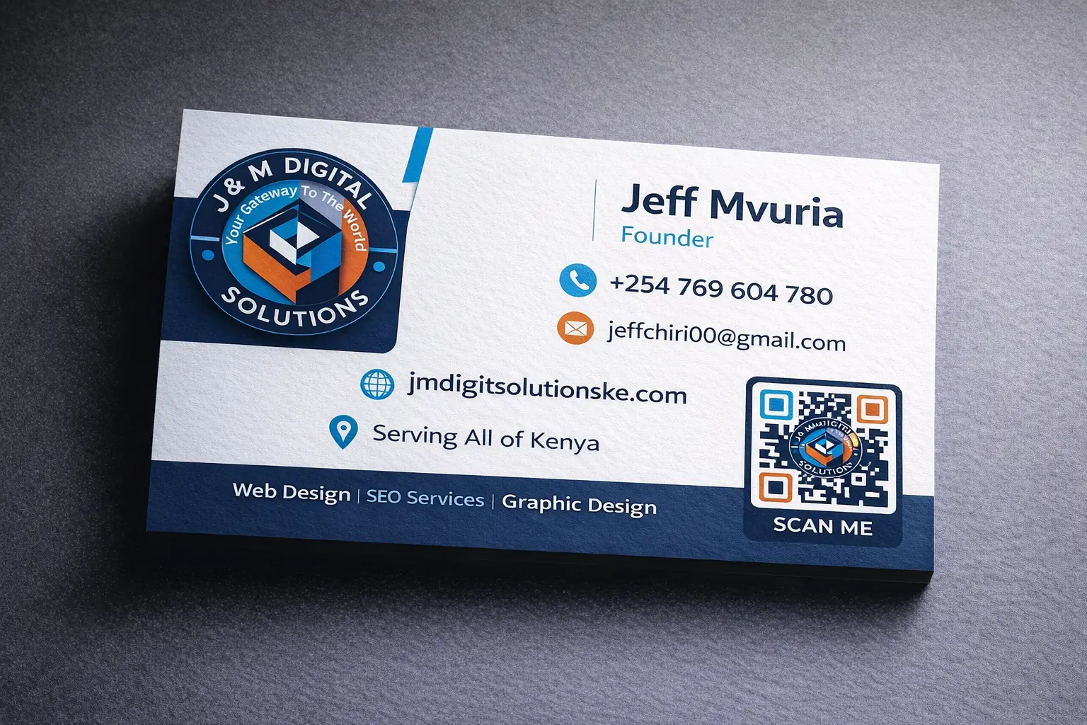 J&M Digital Solutions business card back design with contact details