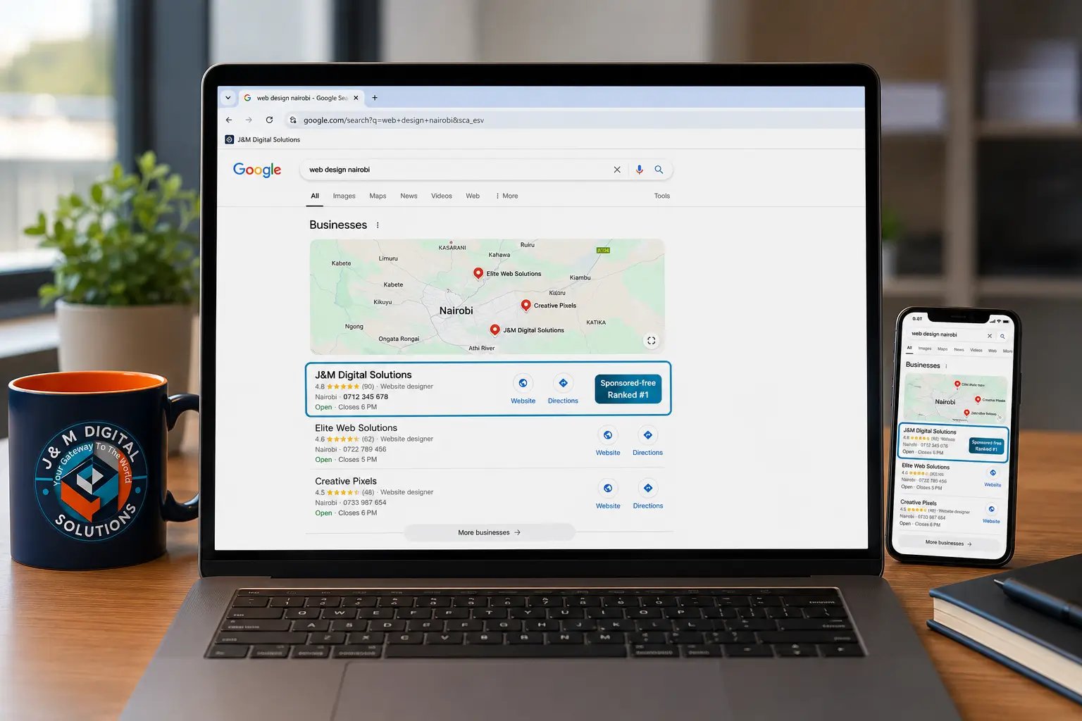 Google Business Profile map pack result for a local business ranking through SEO in Kenya