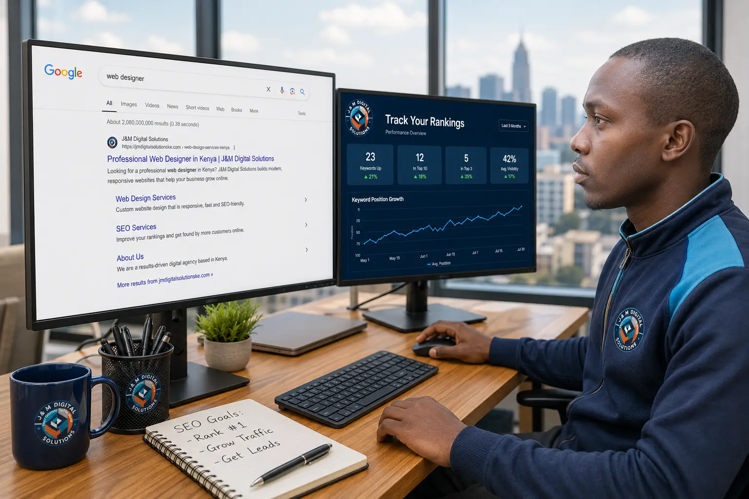 Kenyan business owner reviewing Google search rankings for their website on a laptop and seeing it rank on google in kenya as number 1