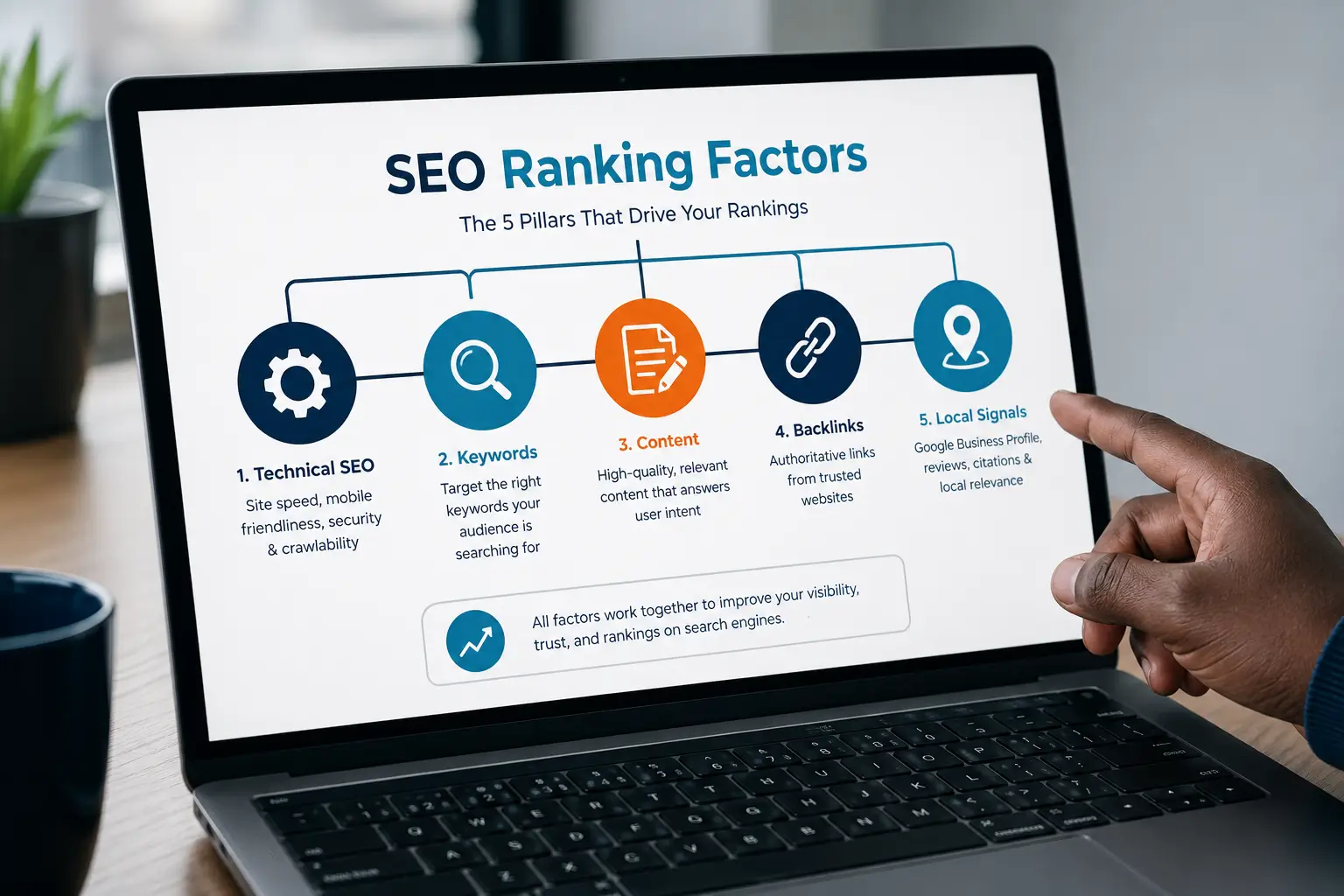 Diagram style screen showing SEO ranking factors including technical SEO, keywords, content, and backlinks