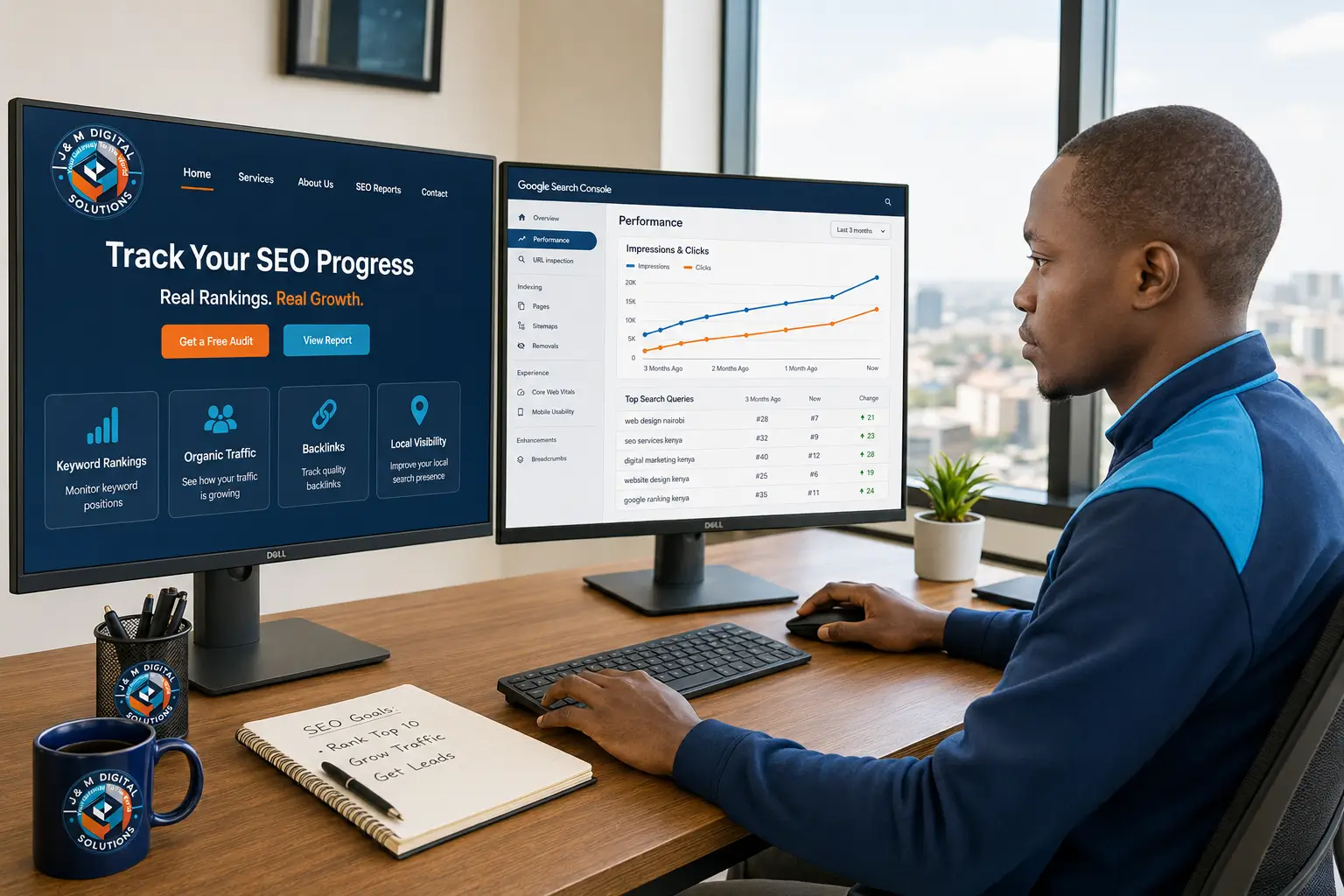Kenyan business owner reviewing Google Search Console rankings while tracking SEO in Kenya progress
