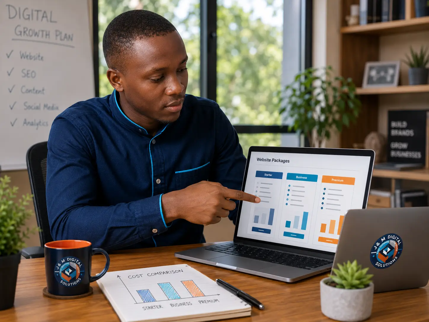 Kenyan business owner reviewing website cost in kenya on a laptop