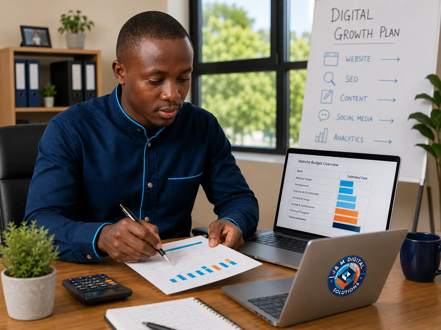 Small business owner in Kenya planning a website budget with a calculator and notebook