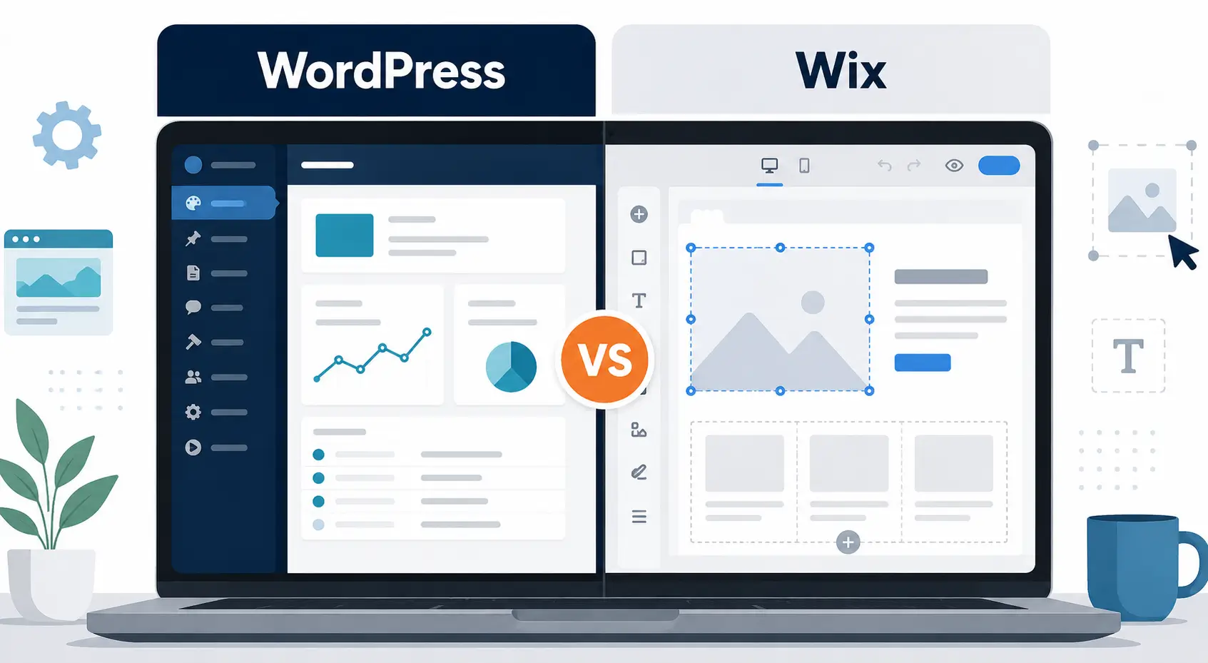 Side by side comparison of WordPress vs Wix in kenya interfaces on a laptop screen for Kenyan business owners