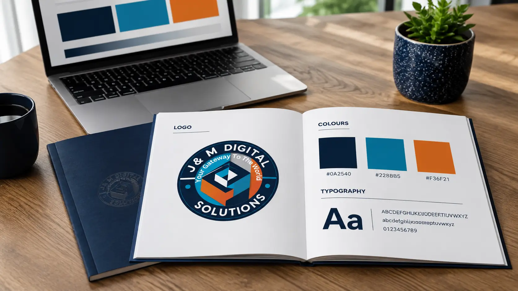 Brand identity guidelines document open on a desk next to logo colour swatches and a laptop