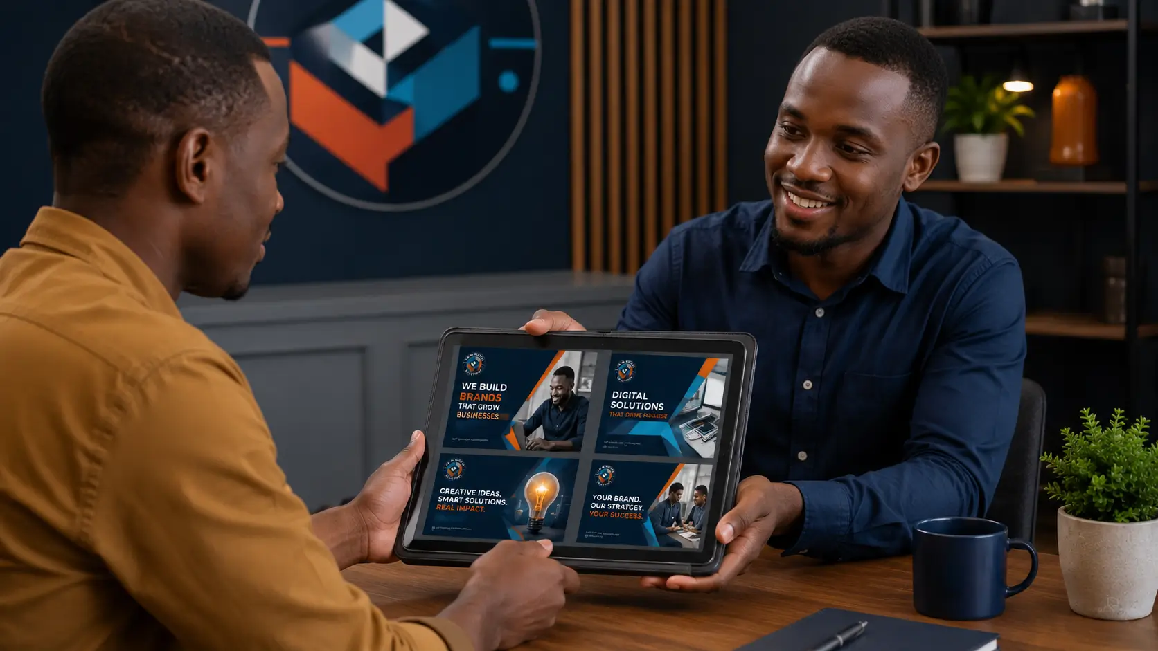 Professional designer handing over branded Canva templates to a Kenyan small business owner