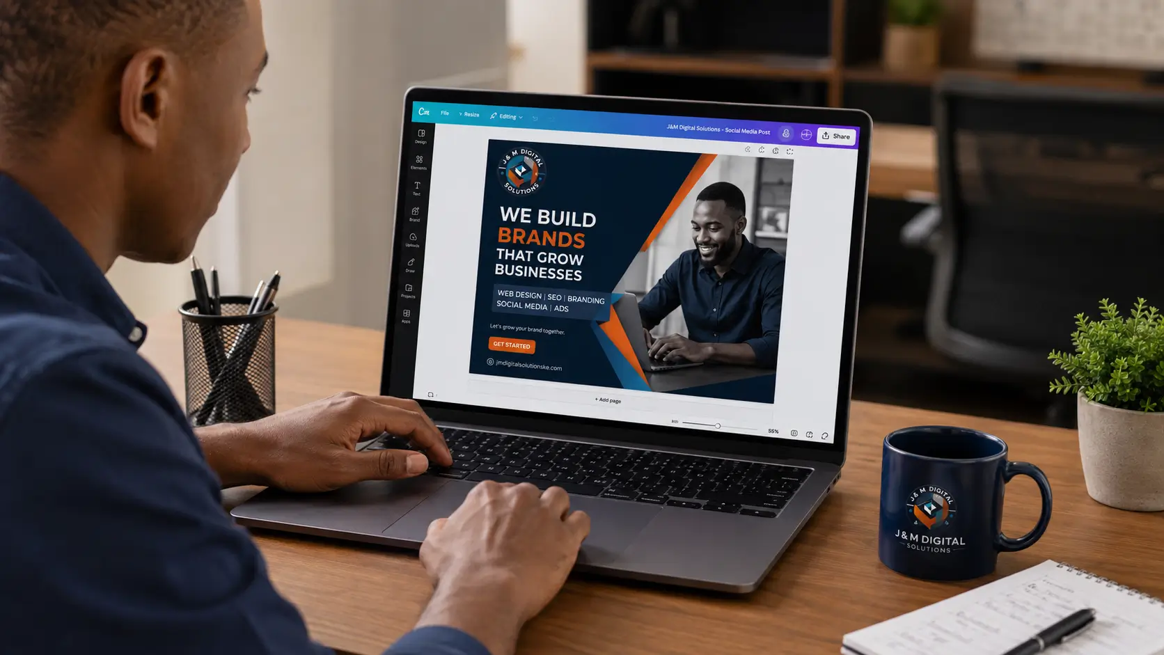 Kenyan small business social media manager editing a Canva template on a laptop
