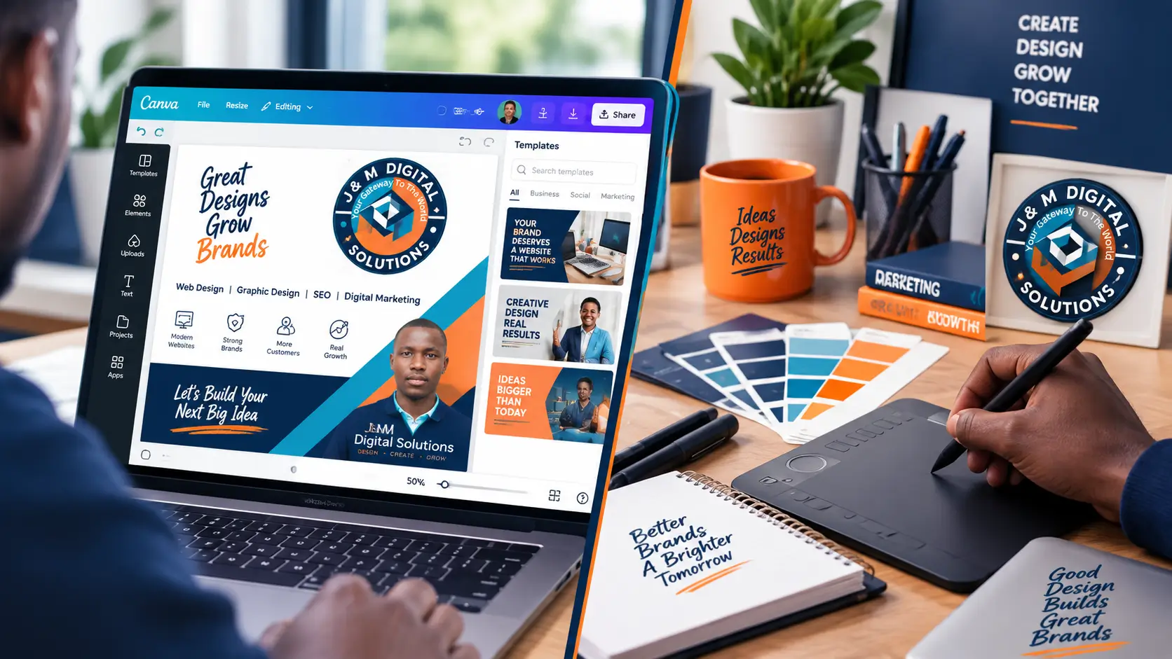 Split screen showing a Canva template editor on one side and a professional designer's workspace on the other