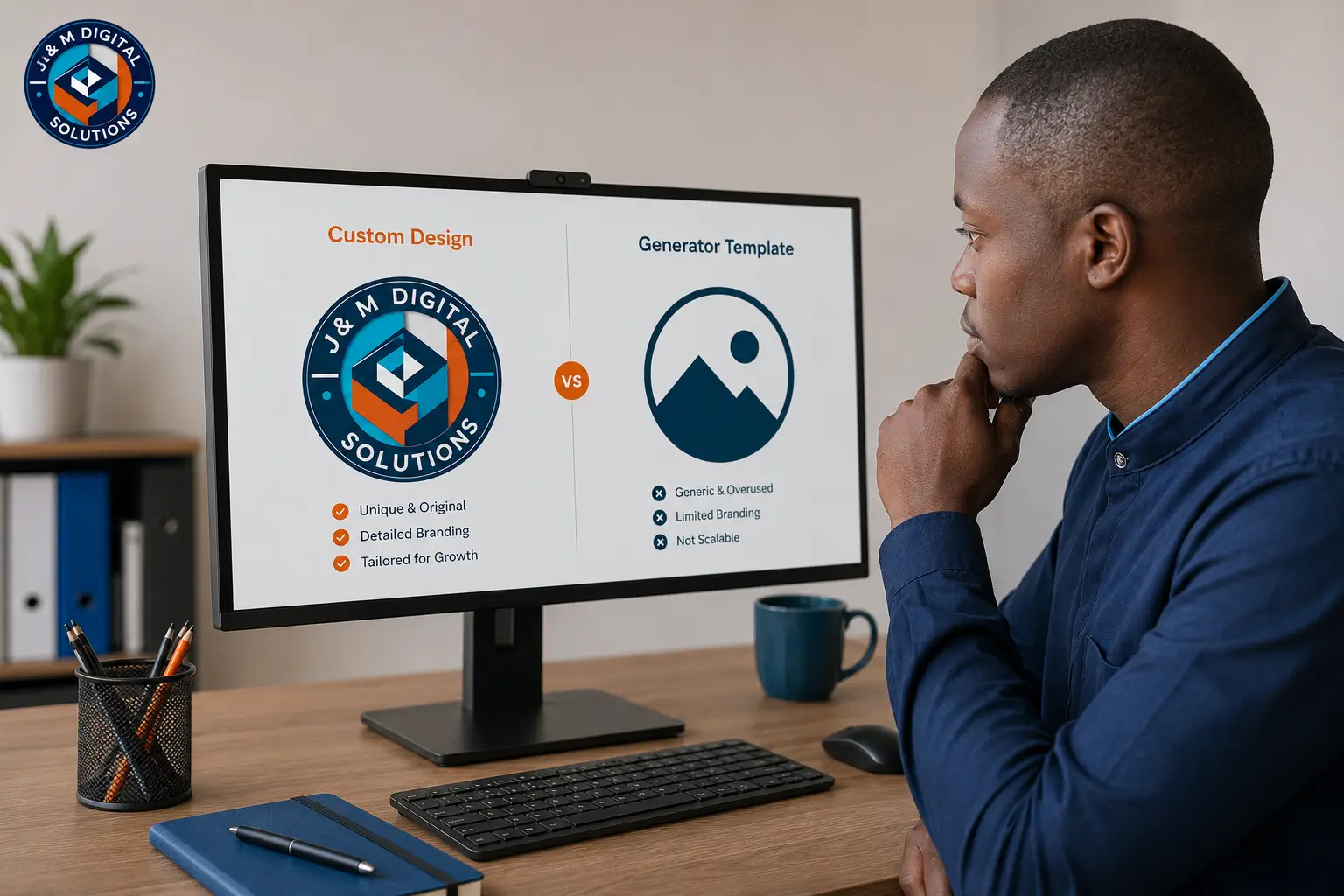 Side by side comparison of a custom designed logo and a generic logo maker template