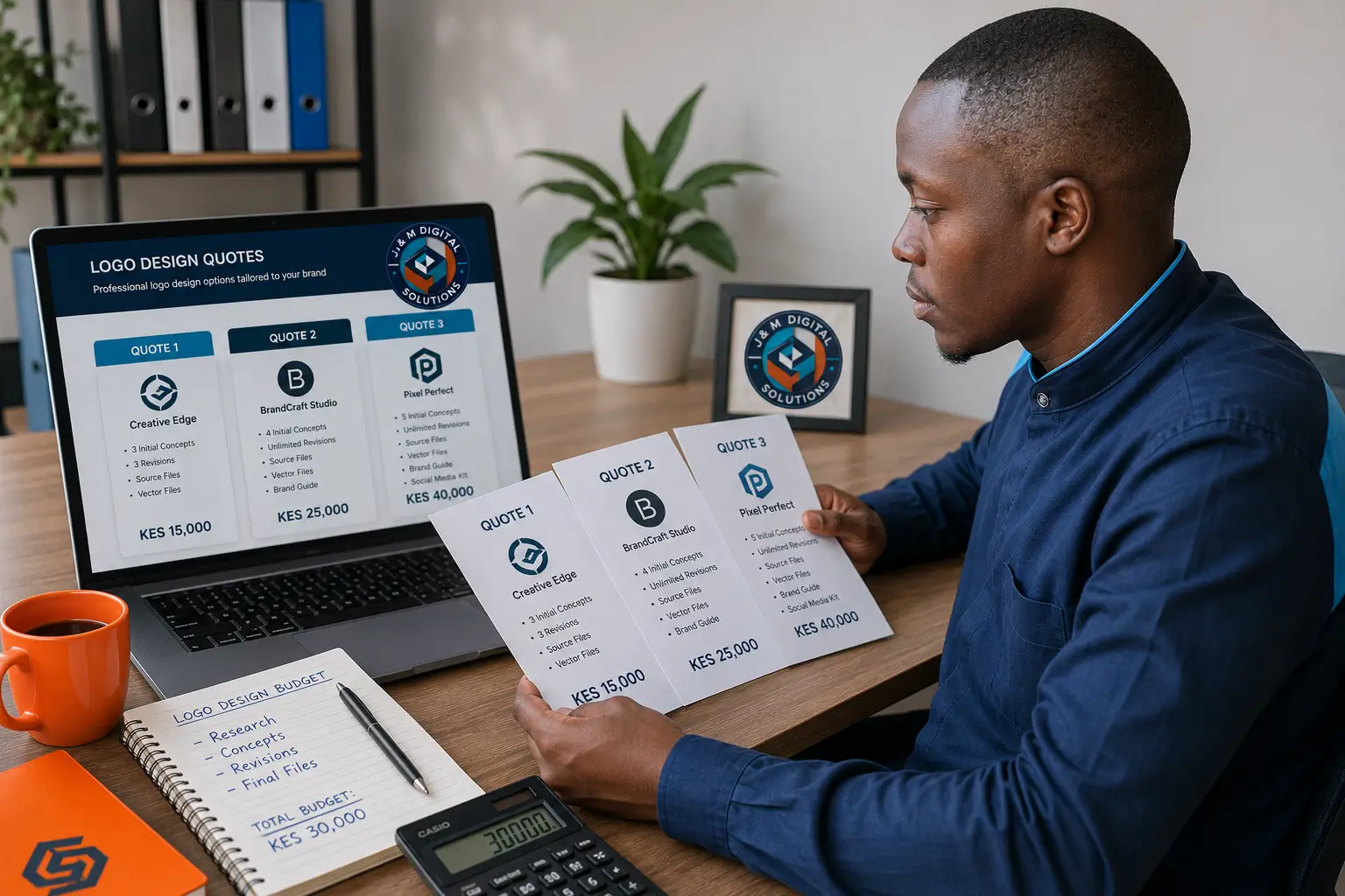 Kenyan business owner comparing logo design price quotes on a laptop