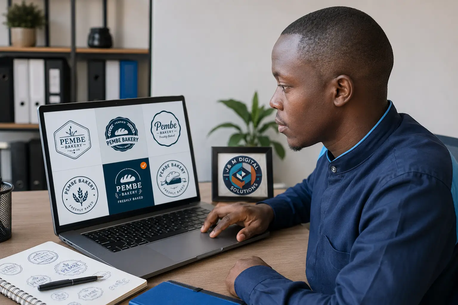 Kenyan small business owner reviewing logo design in kenya concepts on a laptop screen