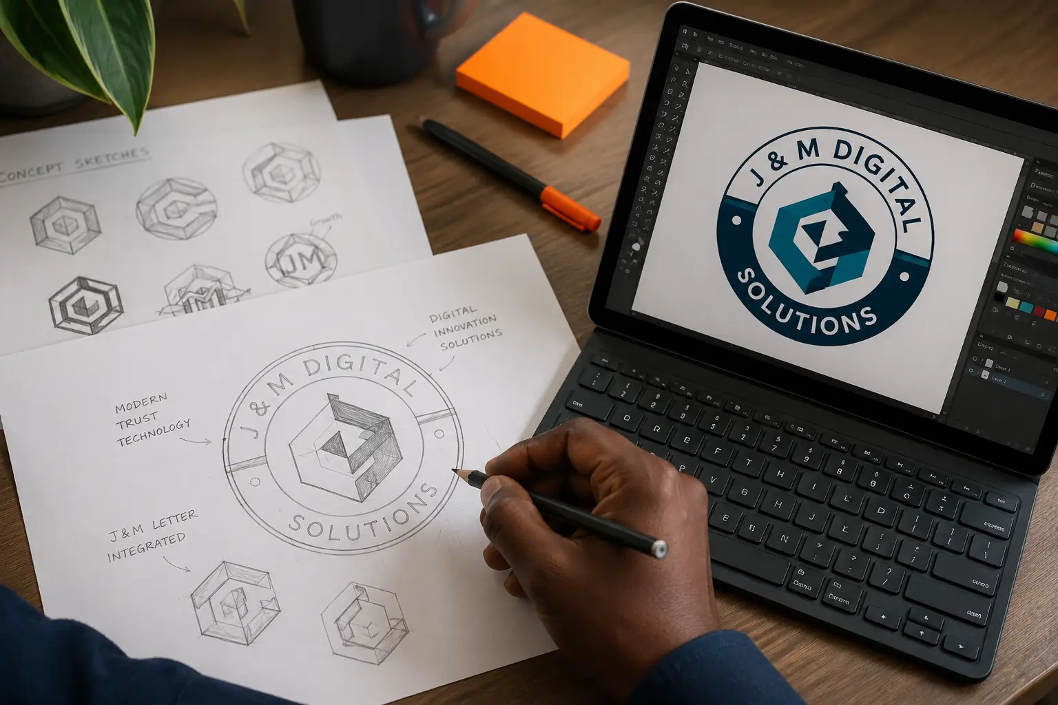Designer sketching logo concepts on paper before moving to digital design software