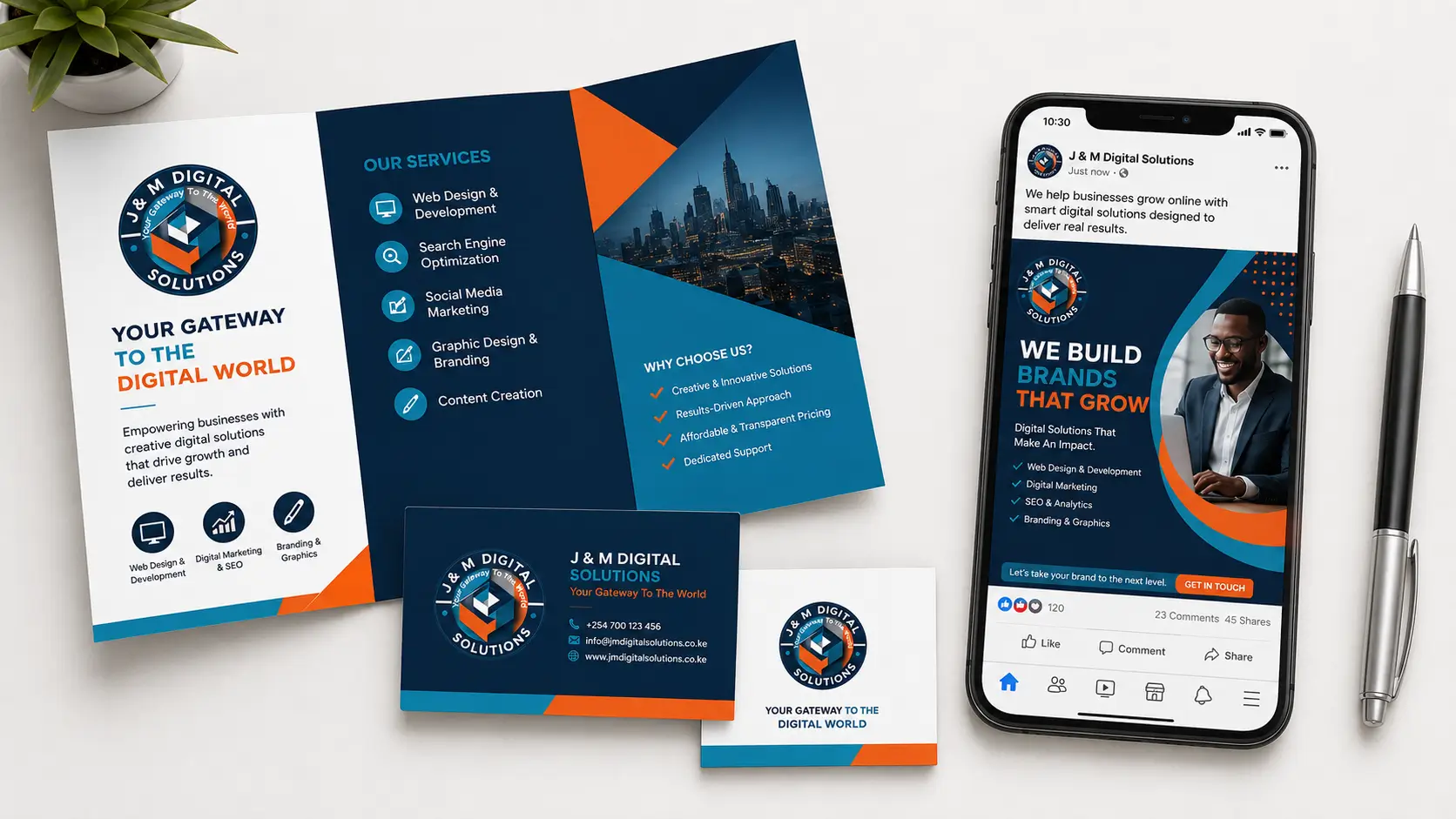 Consistent brand identity applied across a printed brochure, business card, and digital social media graphic for a Kenyan business
