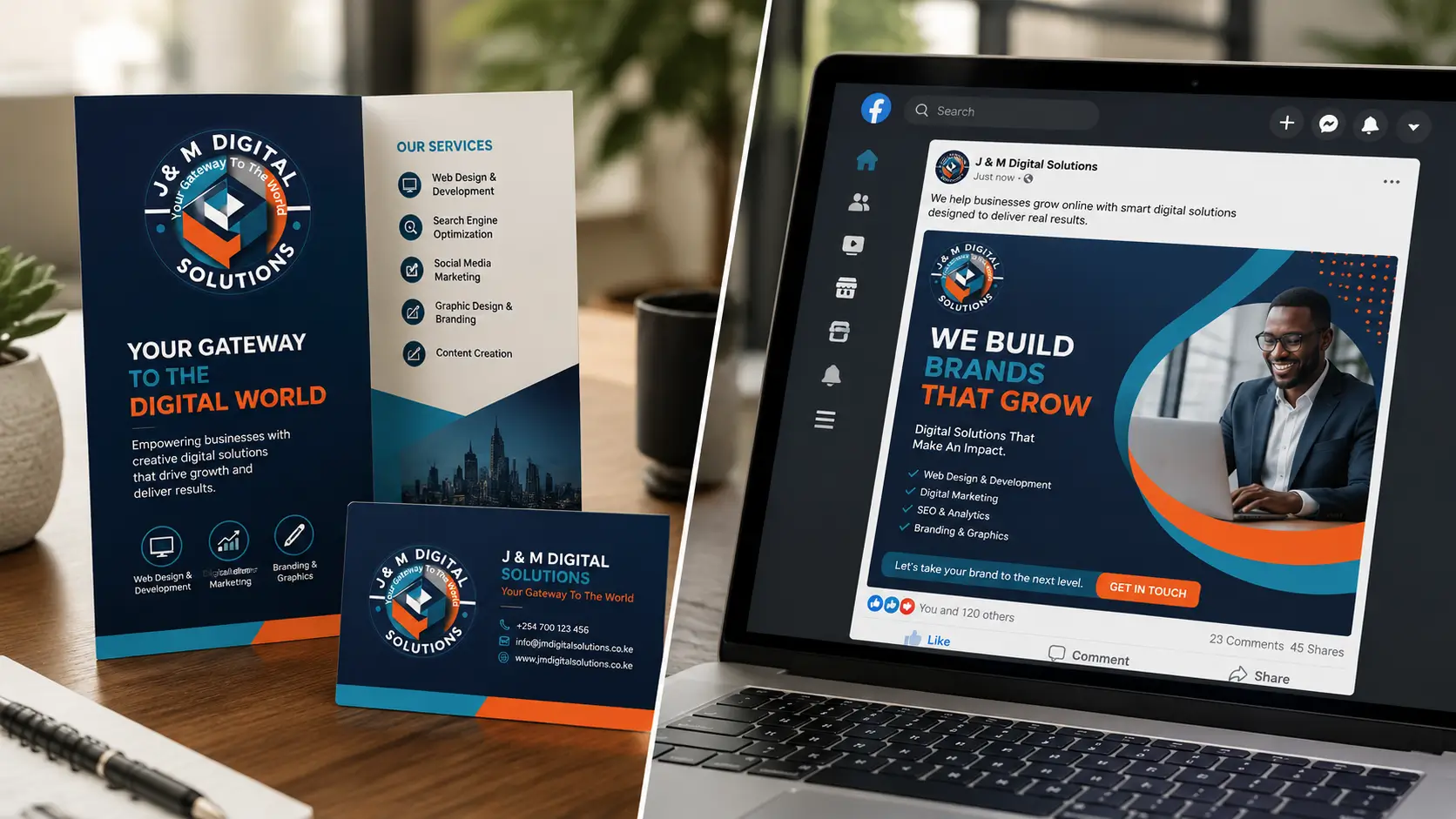 Side by side comparison of a printed business brochure and a digital social media design on a laptop screen showing print vs digital design