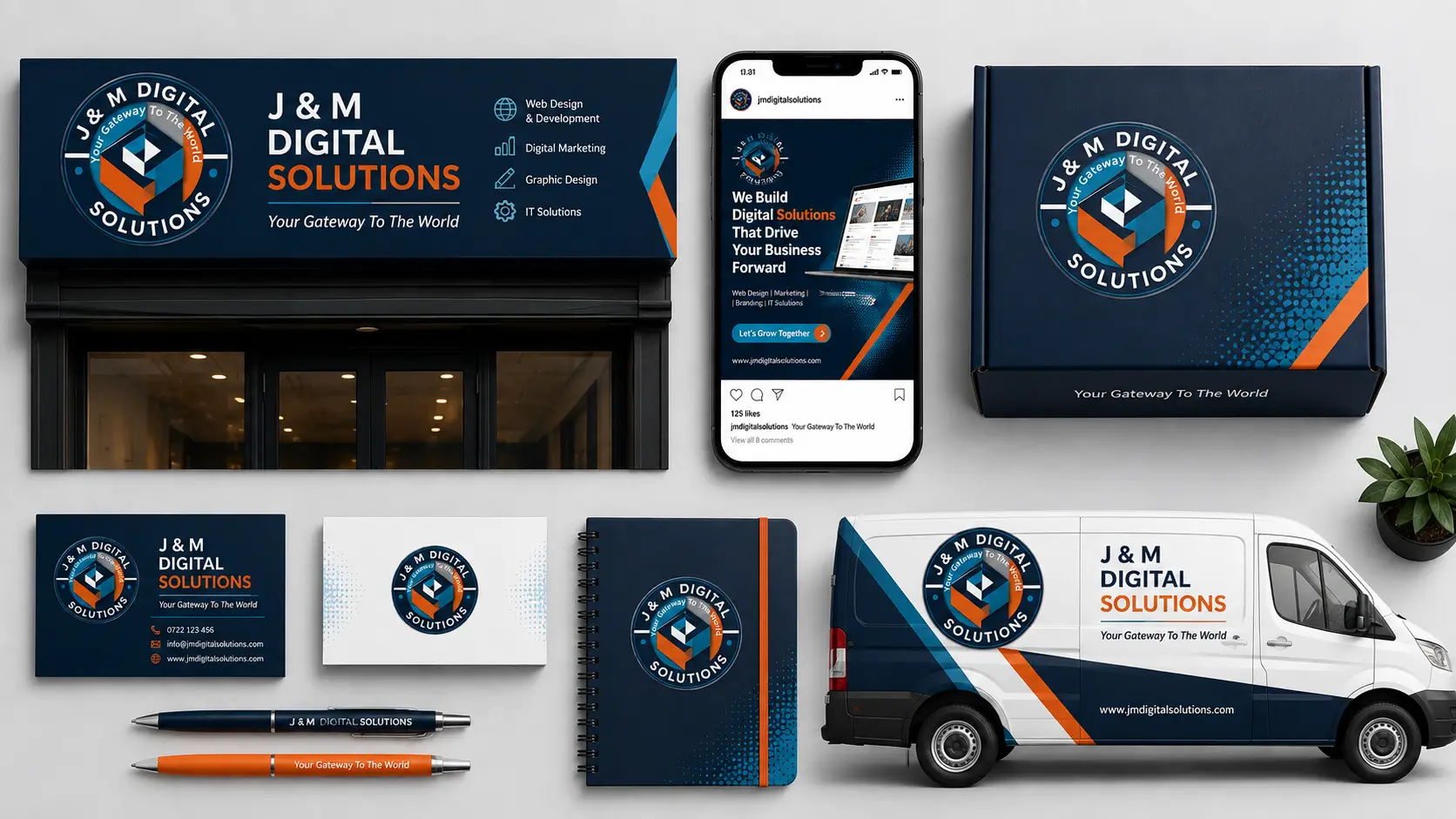 Brand relaunch plan showing new logo applied across signage, social media, and packaging for a Kenyan business