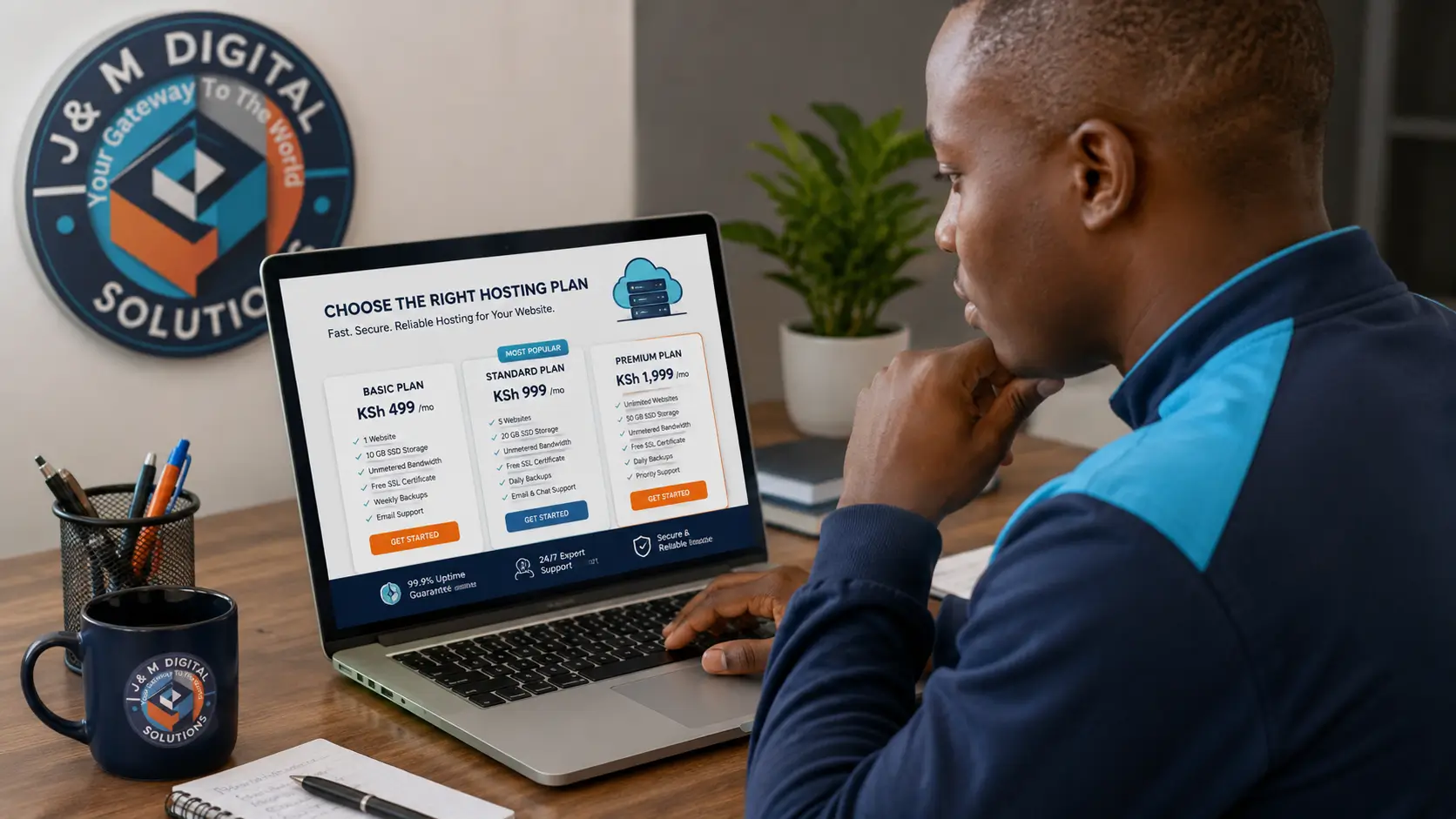 Kenyan business owner comparing website hosting in kenya plans on a laptop before choosing a provider