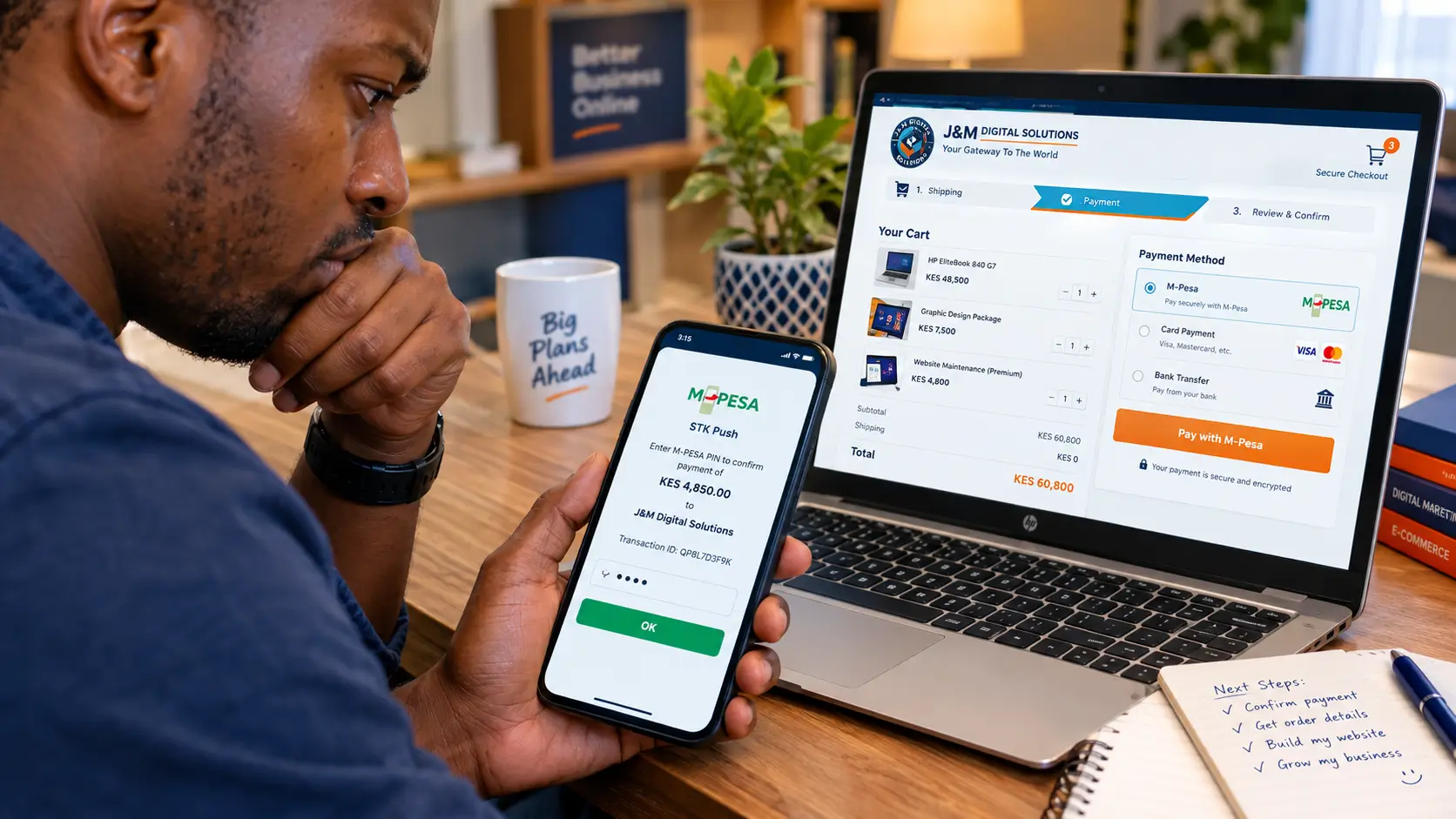 Cart abandonment in Kenya - checkout page with M-Pesa payment prompt