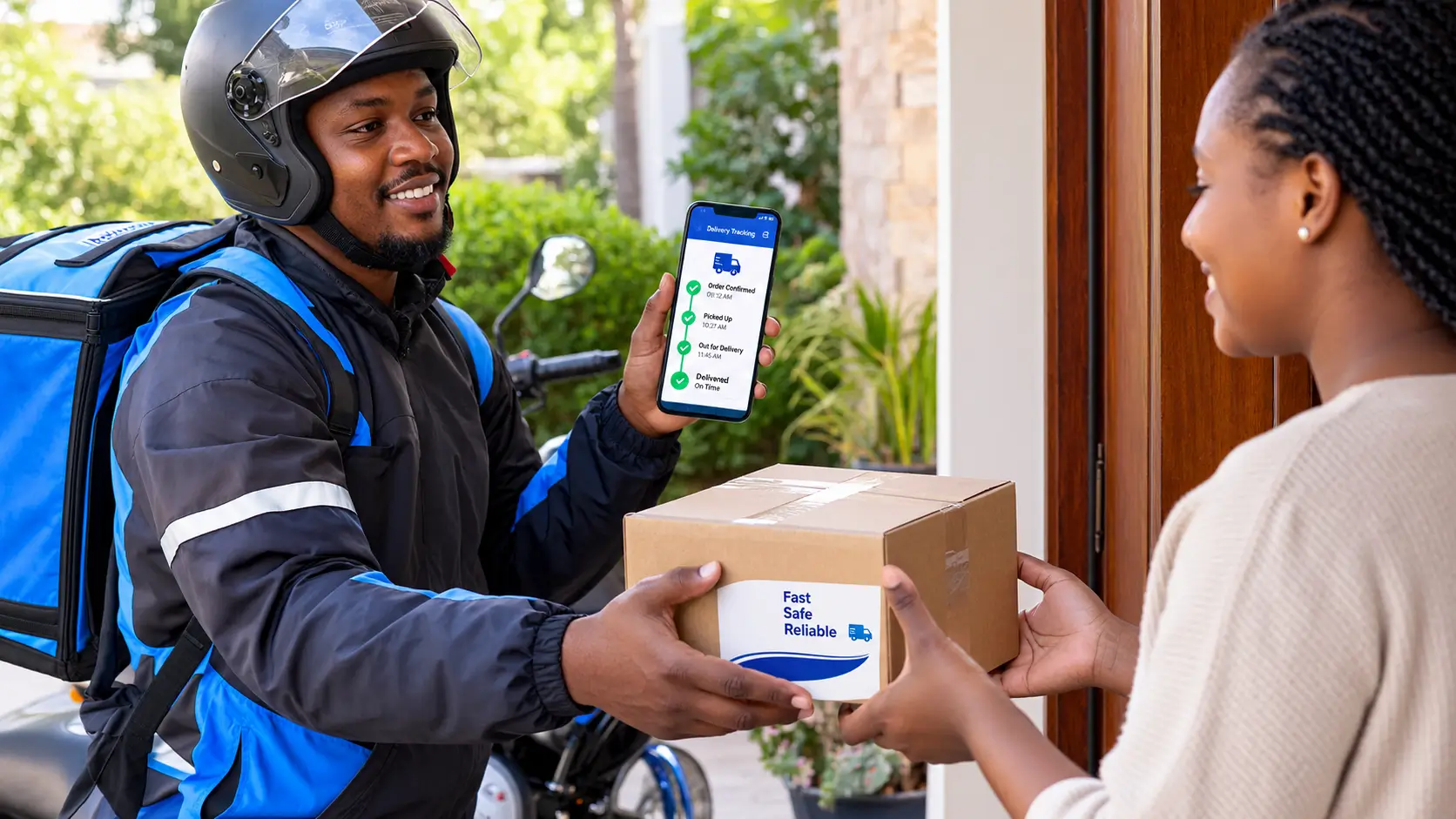E-commerce shipping in Kenya - courier delivery bike and parcel handoff