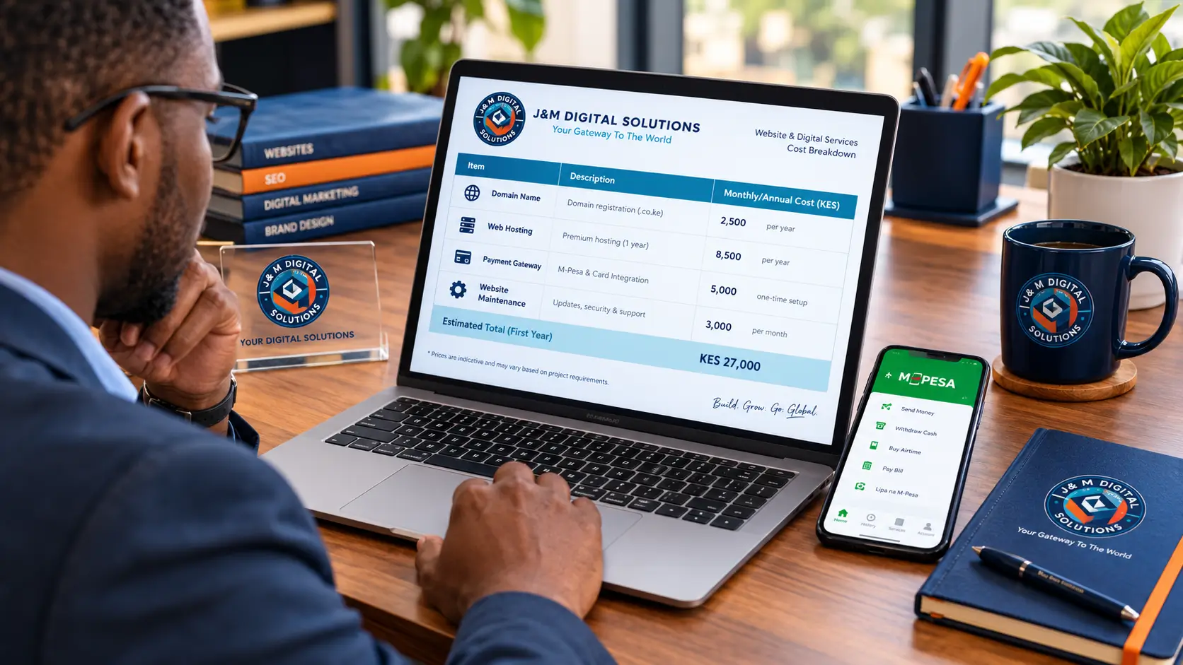E-commerce website cost in Kenya - itemised budget breakdown on laptop screen