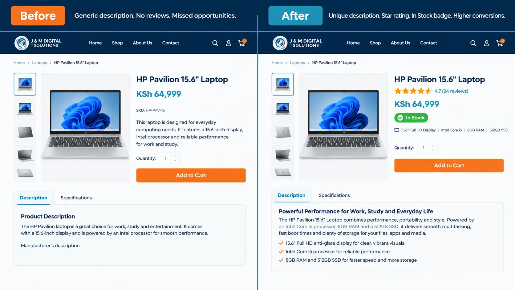 Product page SEO before and after - unique description, star rating, and stock status