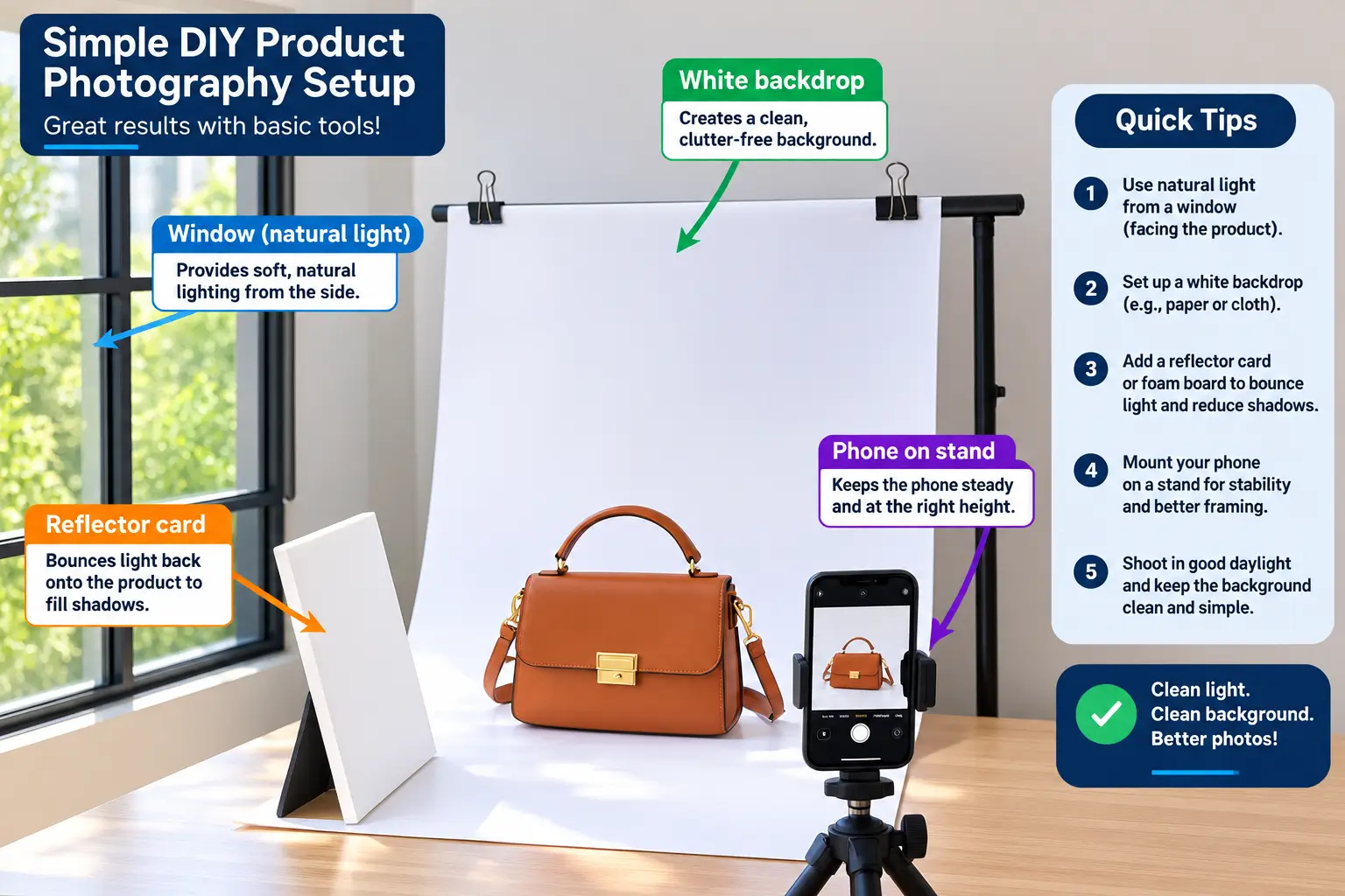 DIY product photo studio setup - window, white backdrop, reflector, phone stand