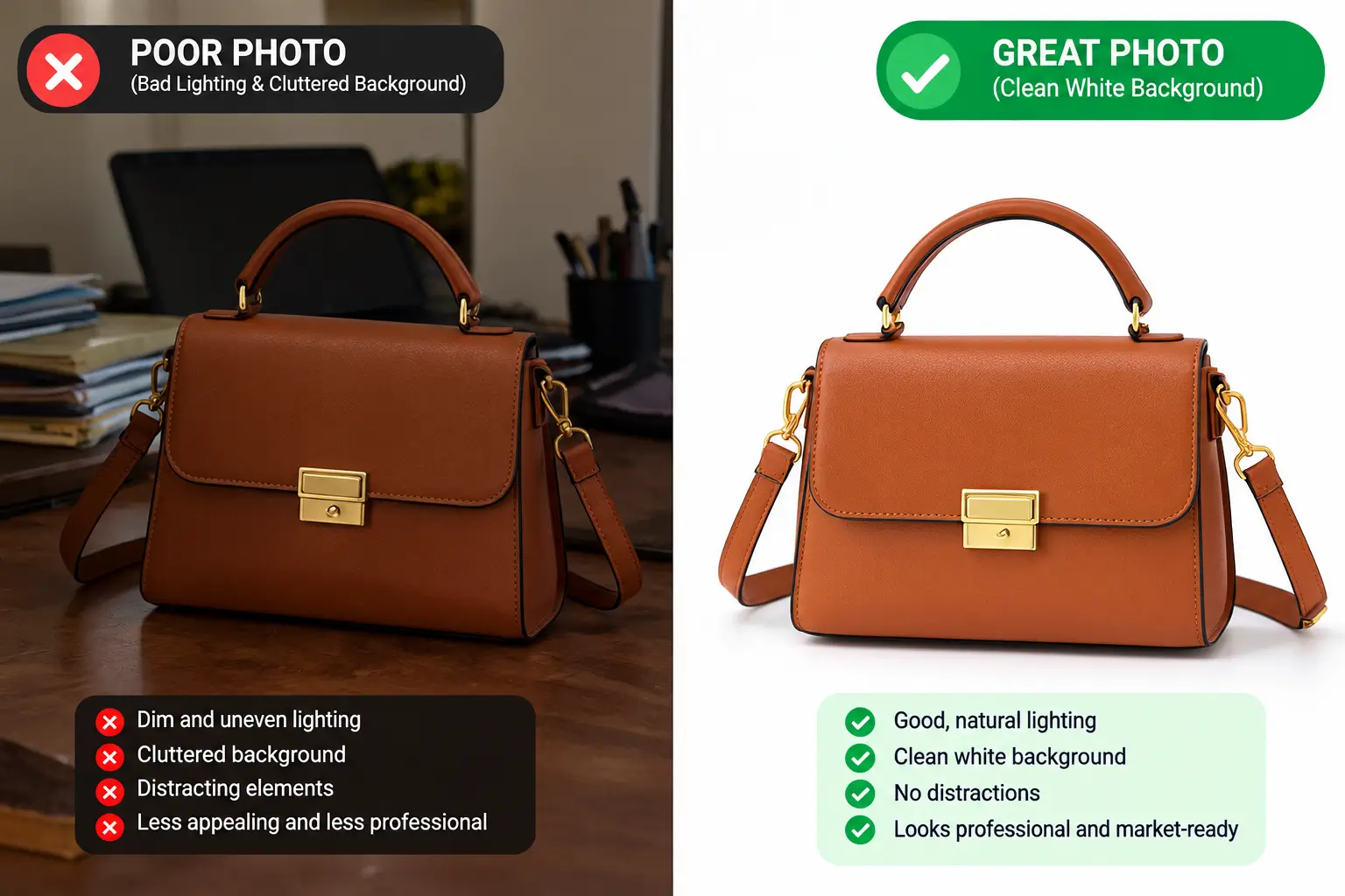 Product photo before and after - poorly lit versus clean white background shot
